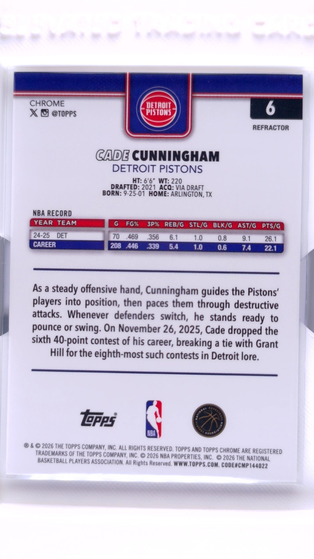 #6 Cade Cunningham Refractor - back