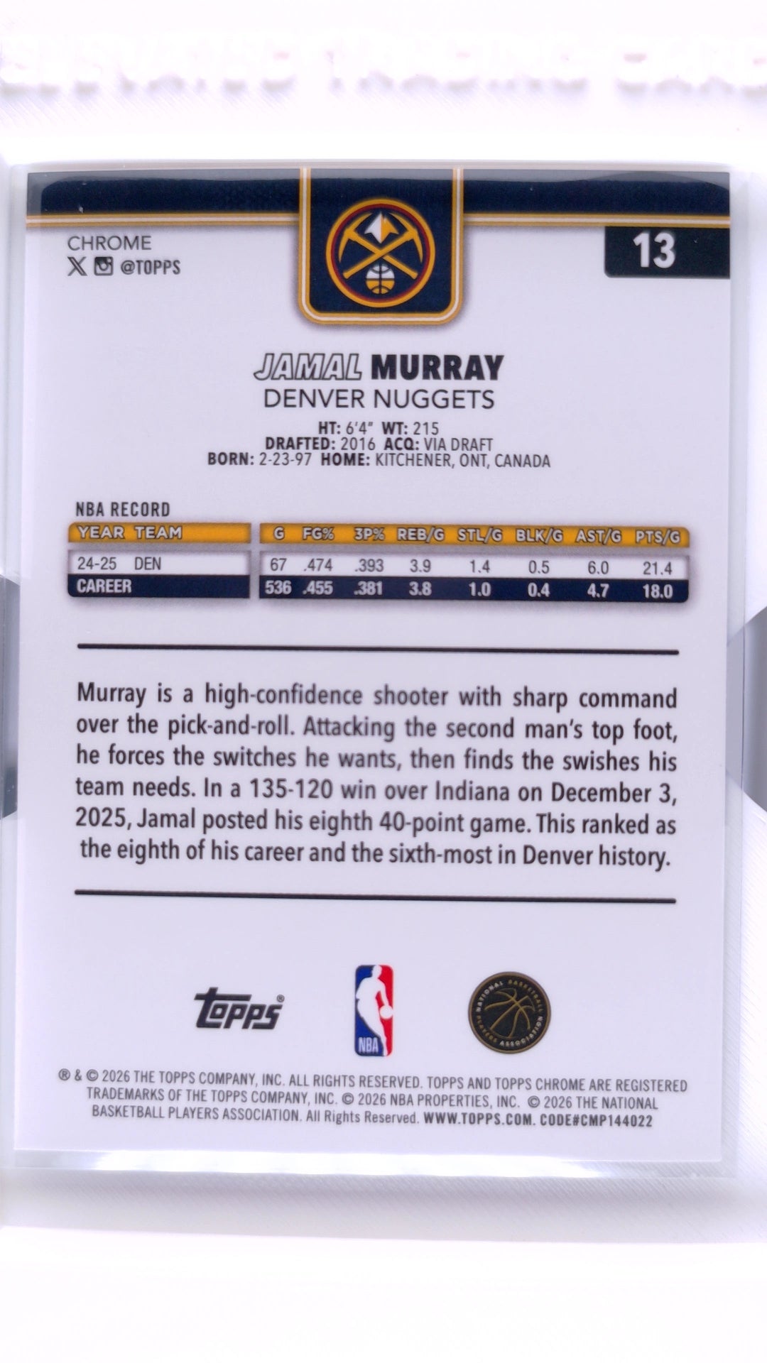 #13 Jamal Murray Refractor - back