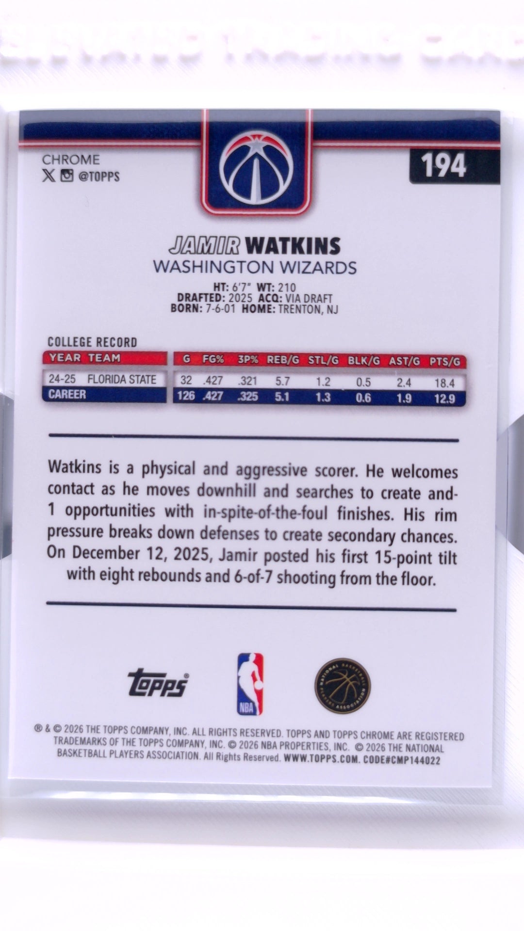 #194 Jamir Watkins Rookie Red, White & Blue Refractor - back