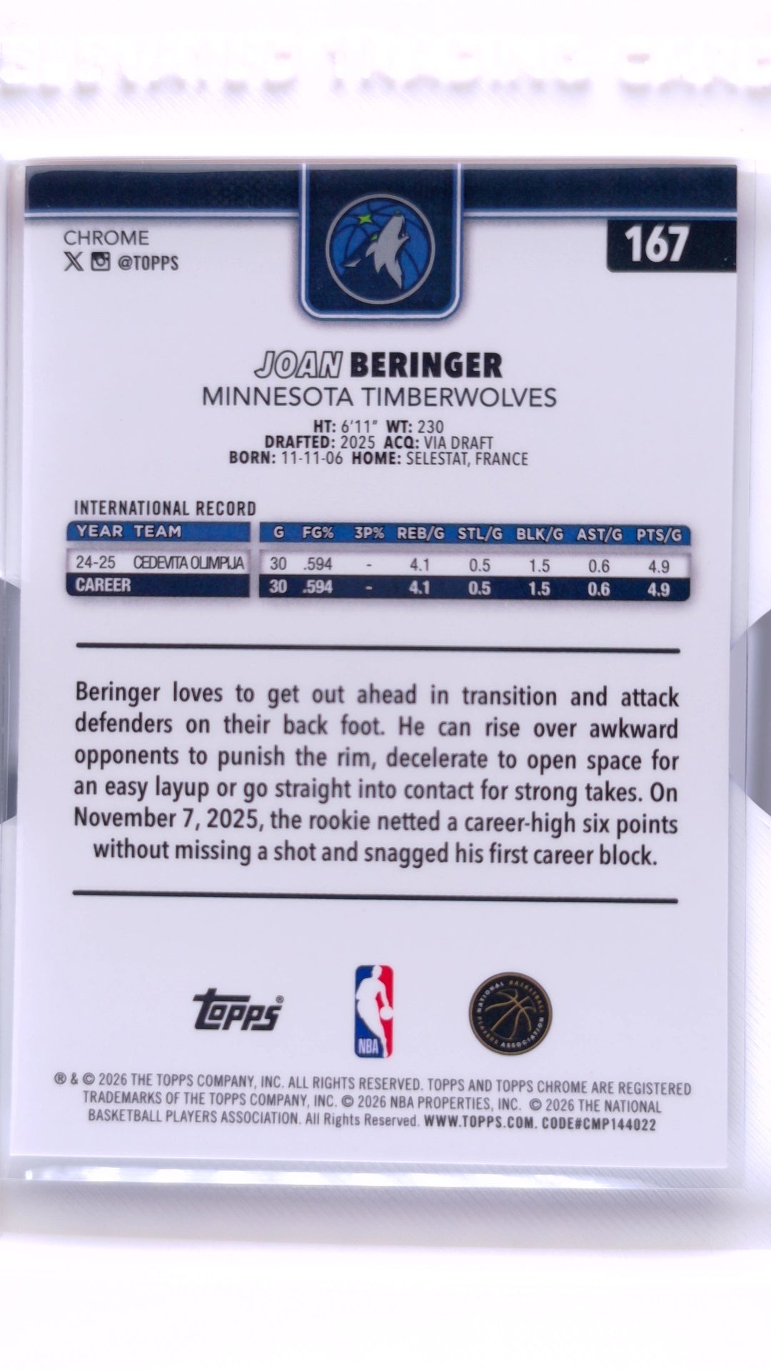 #167 Joan Beringer Rookie Red, White & Blue Refractor - back