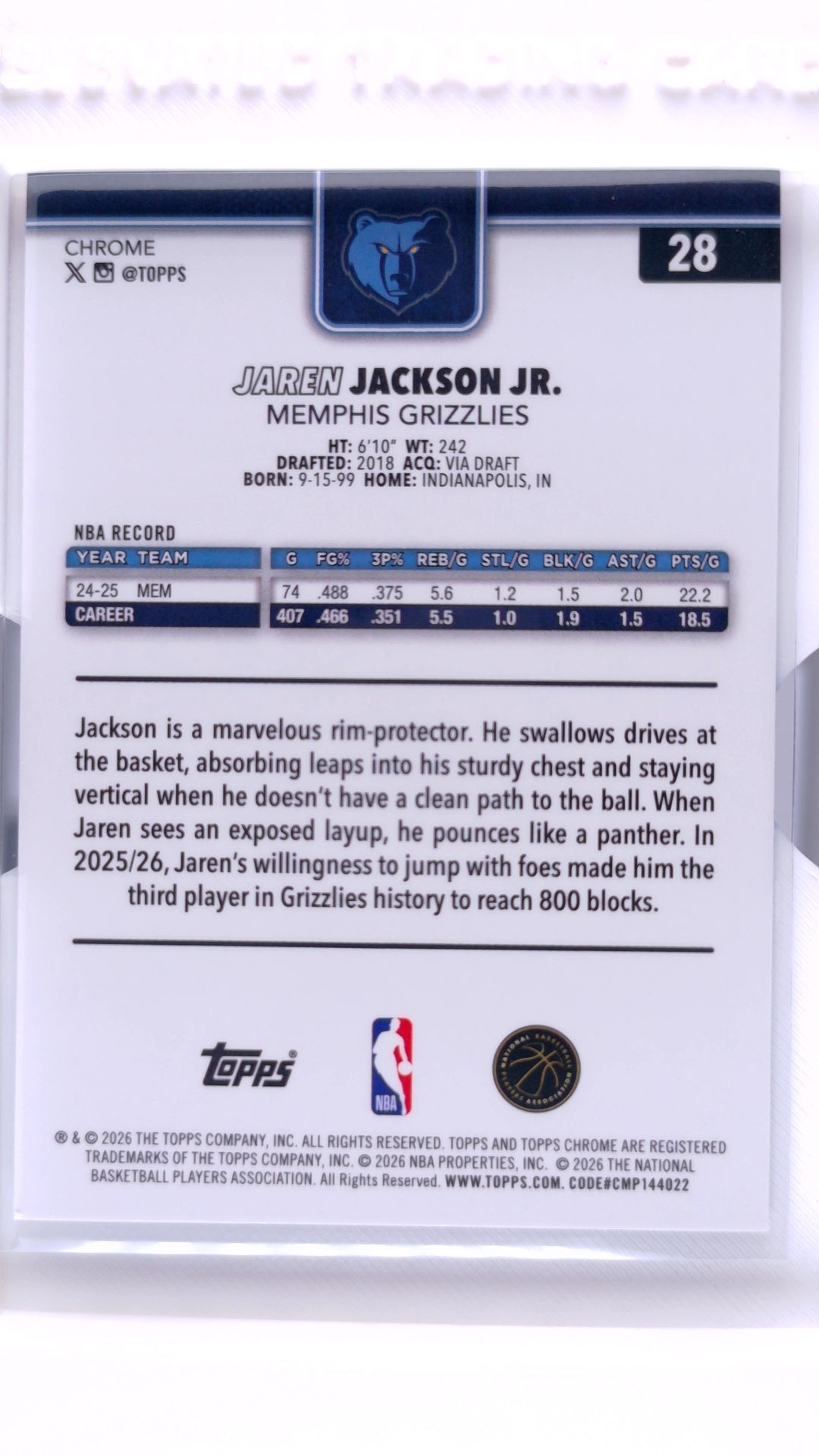 #28 Jaren Jackson Jr. Red, White & Blue Refractor - back