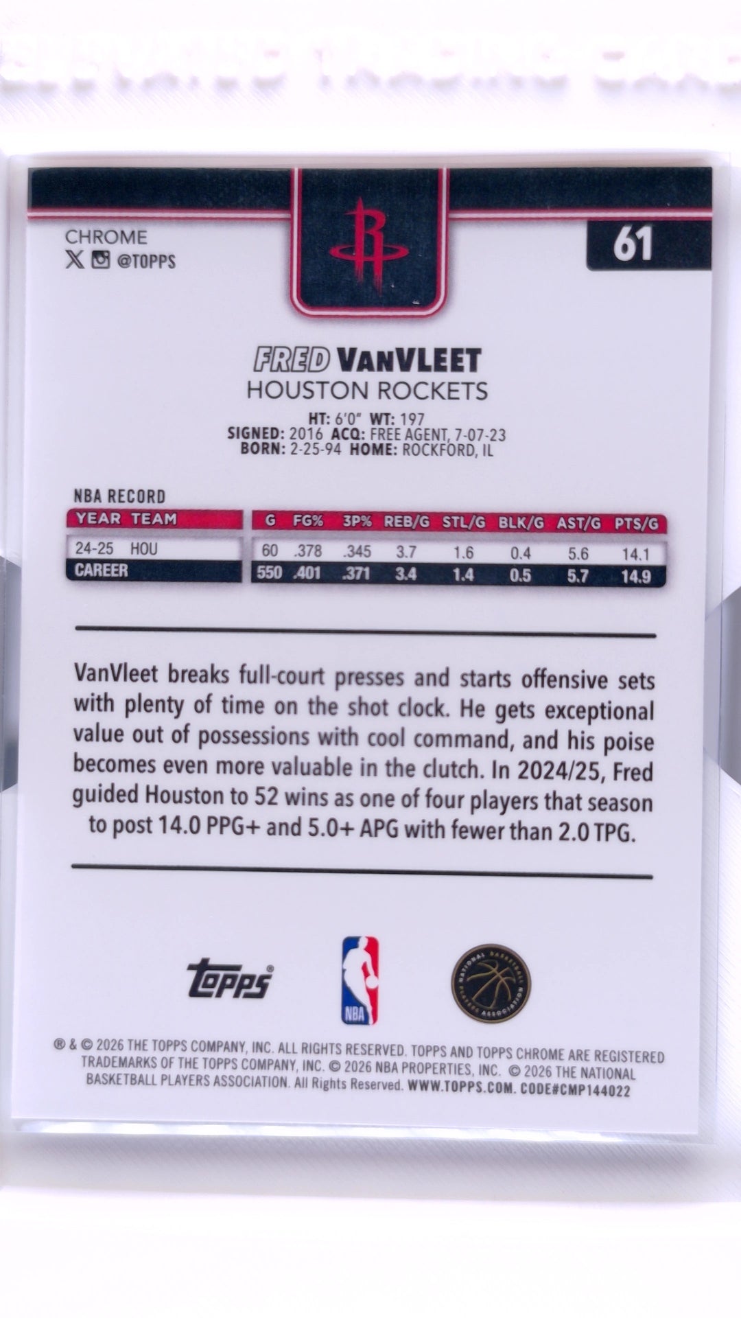 #61 Fred VanVleet Red, White & Blue Refractor - back