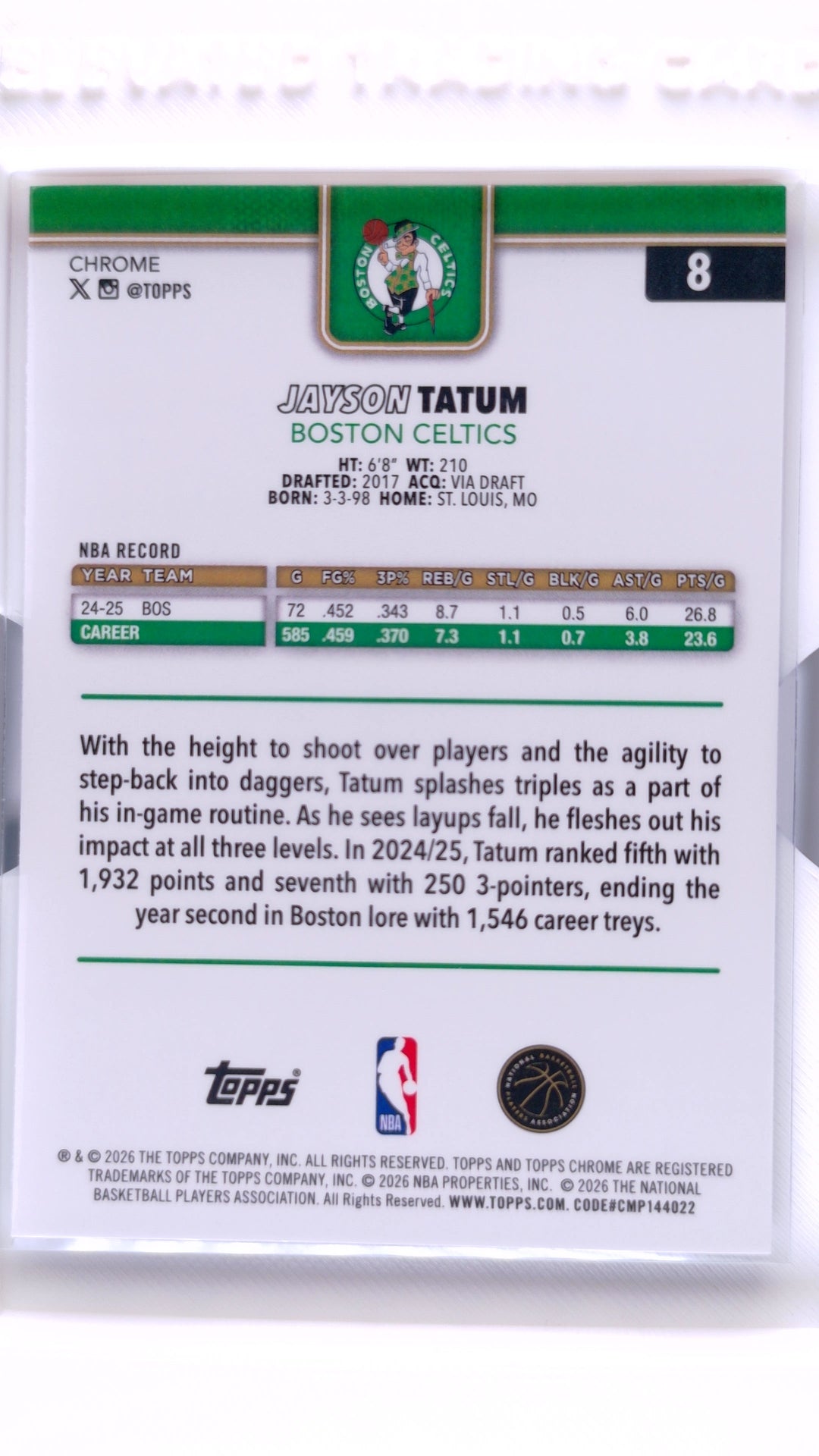 #8 Jayson Tatum Red, White & Blue Refractor - back