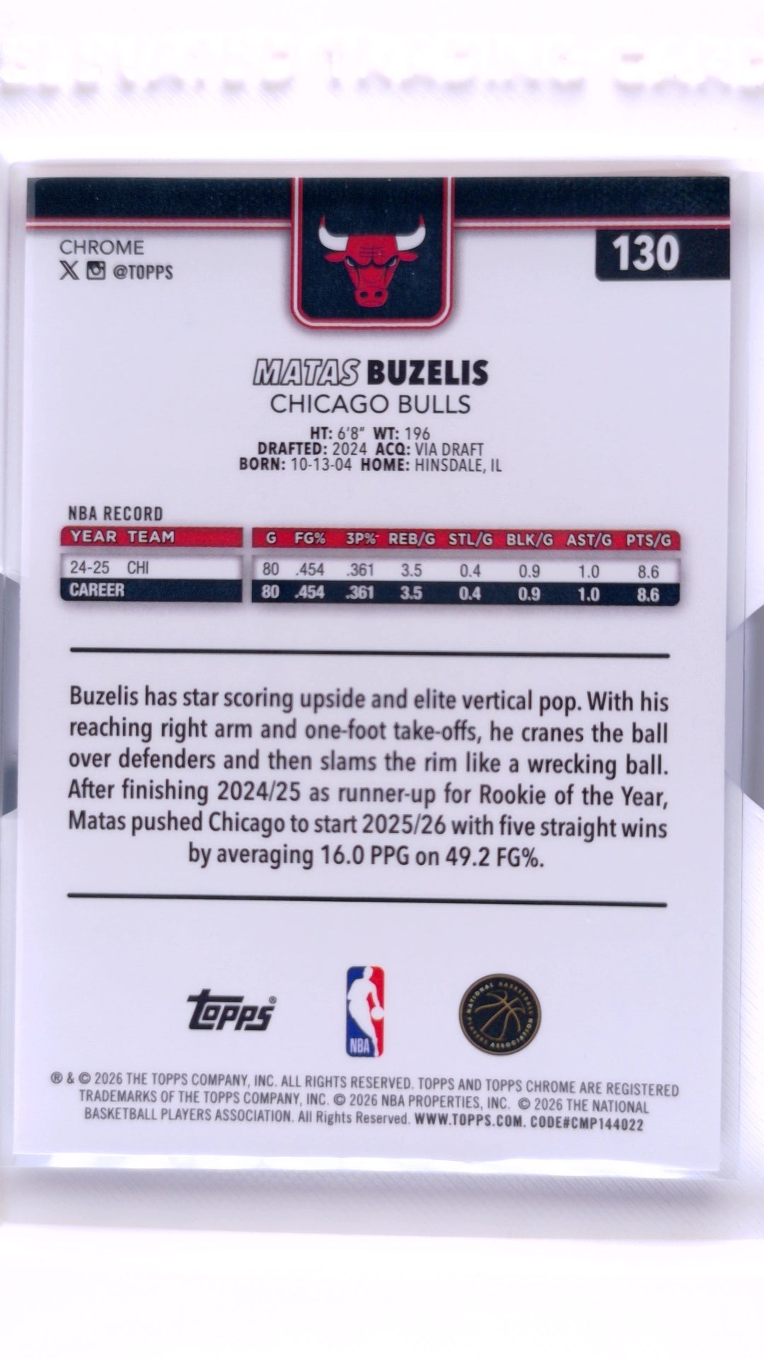 #130 Matas Buzelis Red, White & Blue Refractor - back