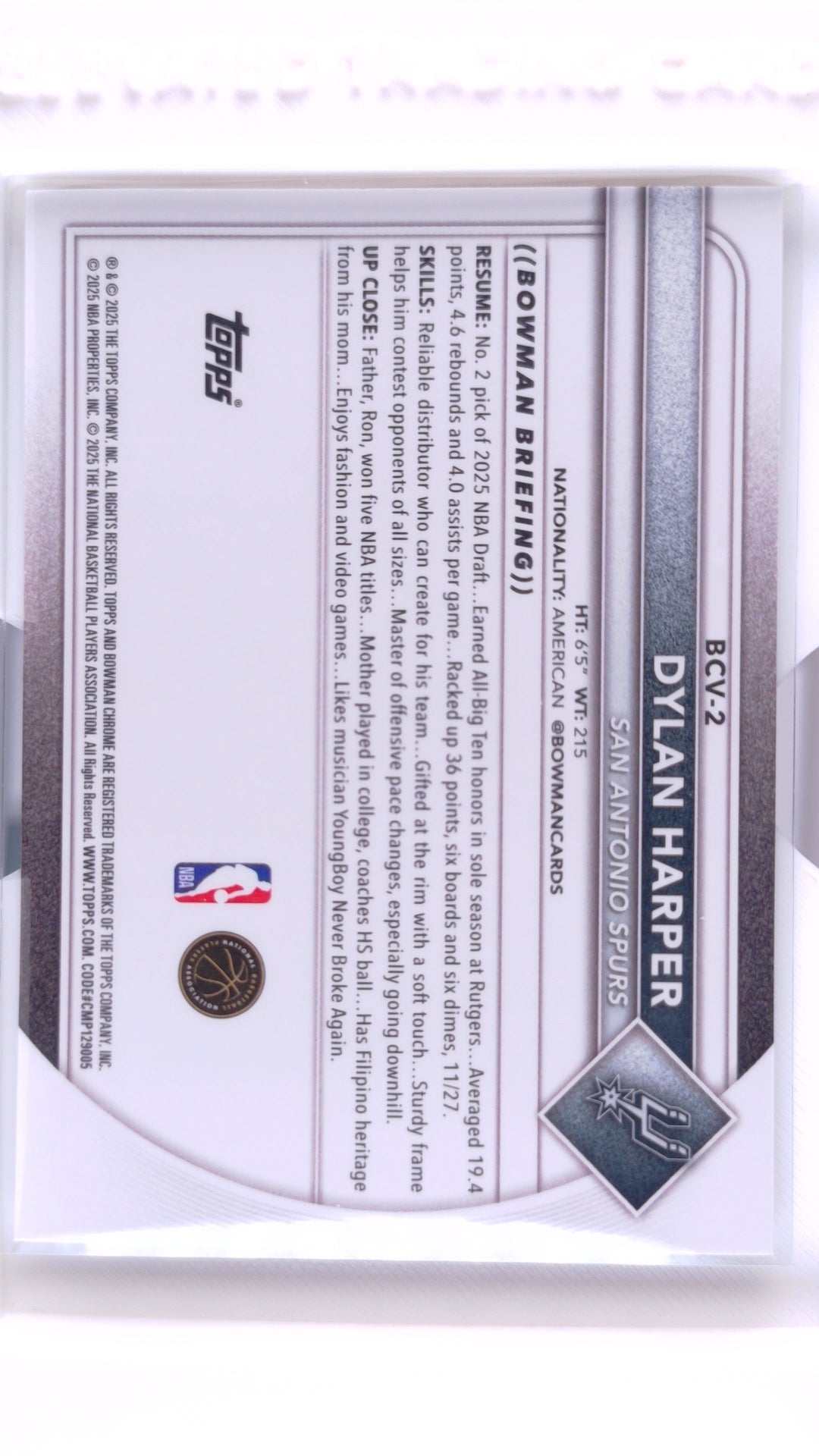 #BCV-2 Dylan Harper Rookie Chrome - back