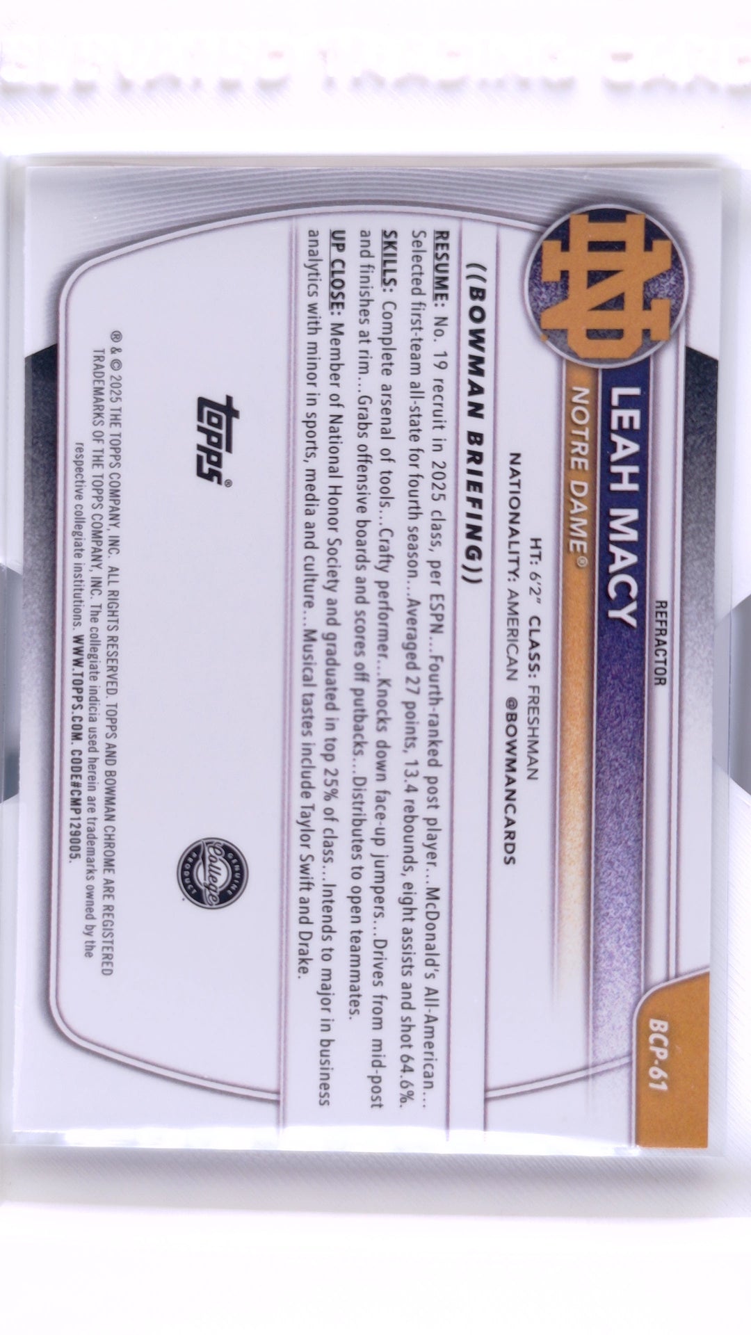 #BCP-61 Leah Macy Chrome Prospects Refractor #464/499 - back