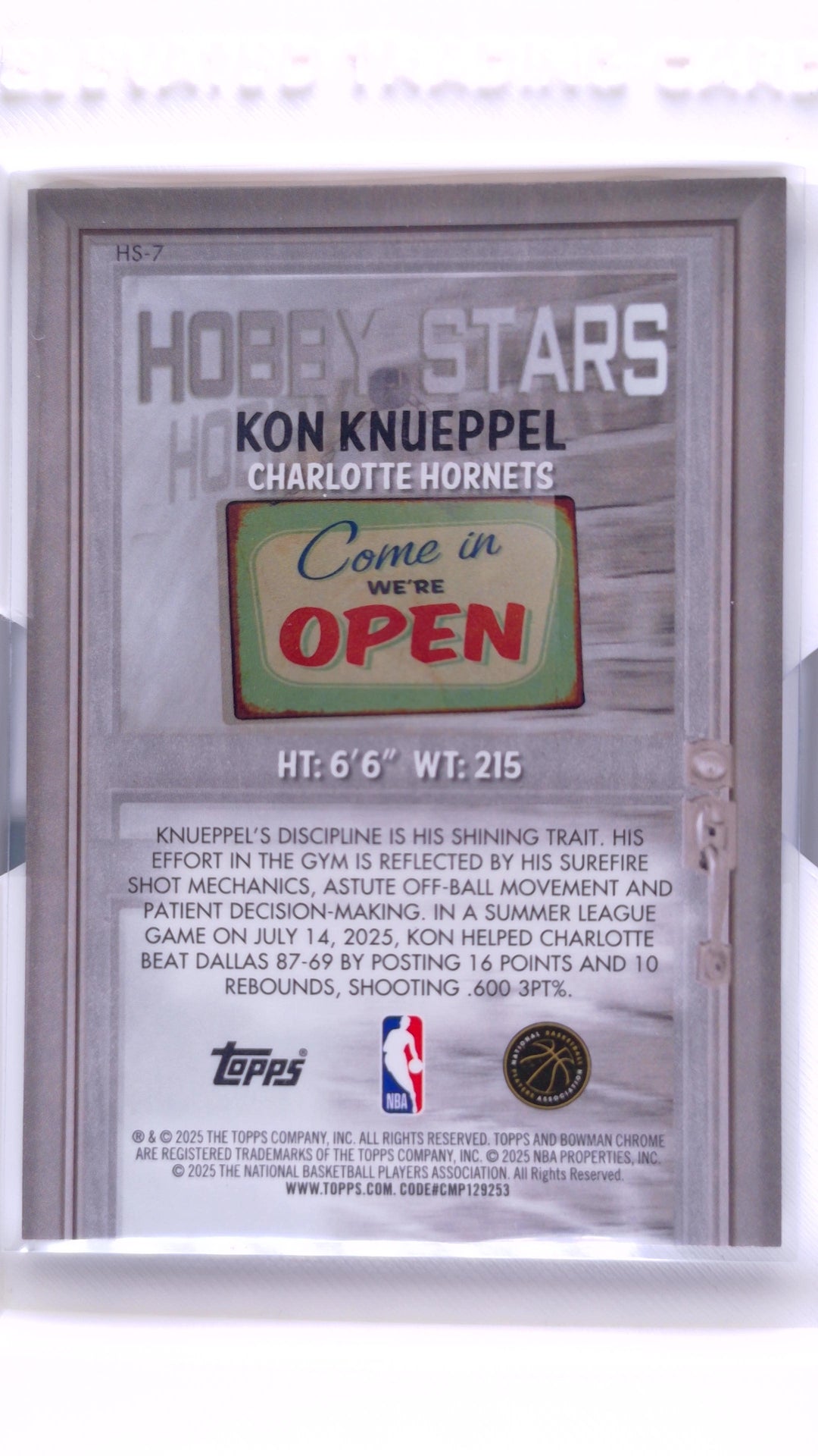 #HS-7 Kon Knueppel Rookie Hobby Stars - back