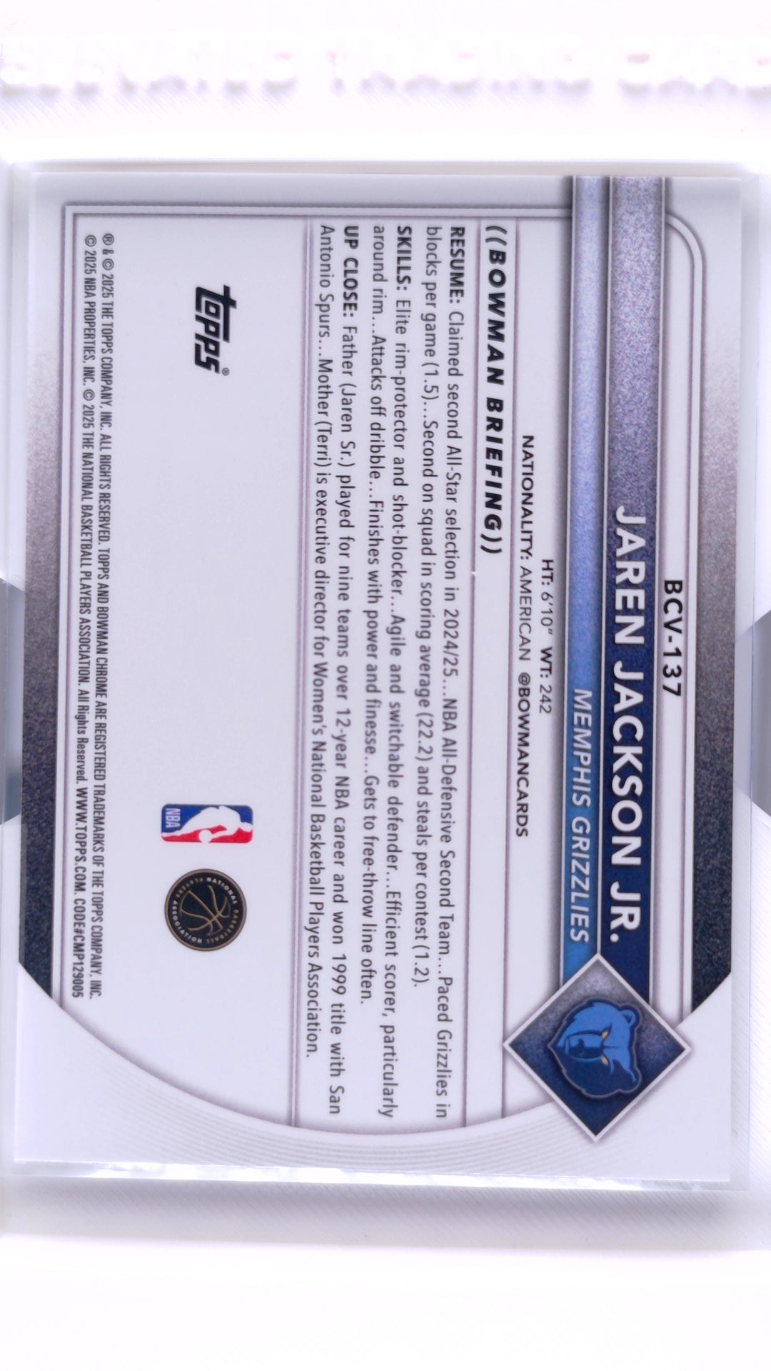 #BCV-137 Jaren Jackson Jr. Chrome - back