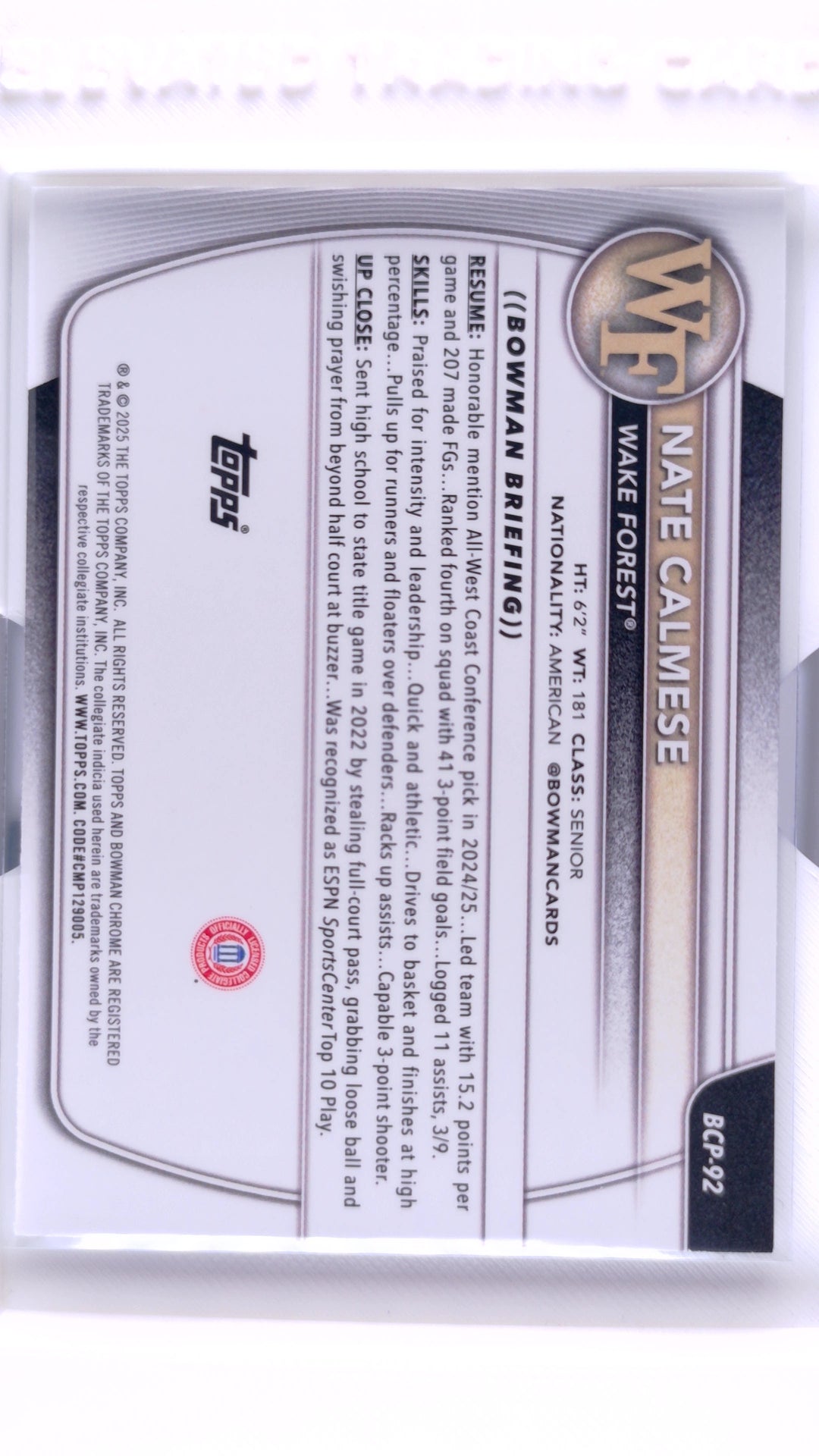 #BCP-92 Nate Calmese Chrome Prospects - back