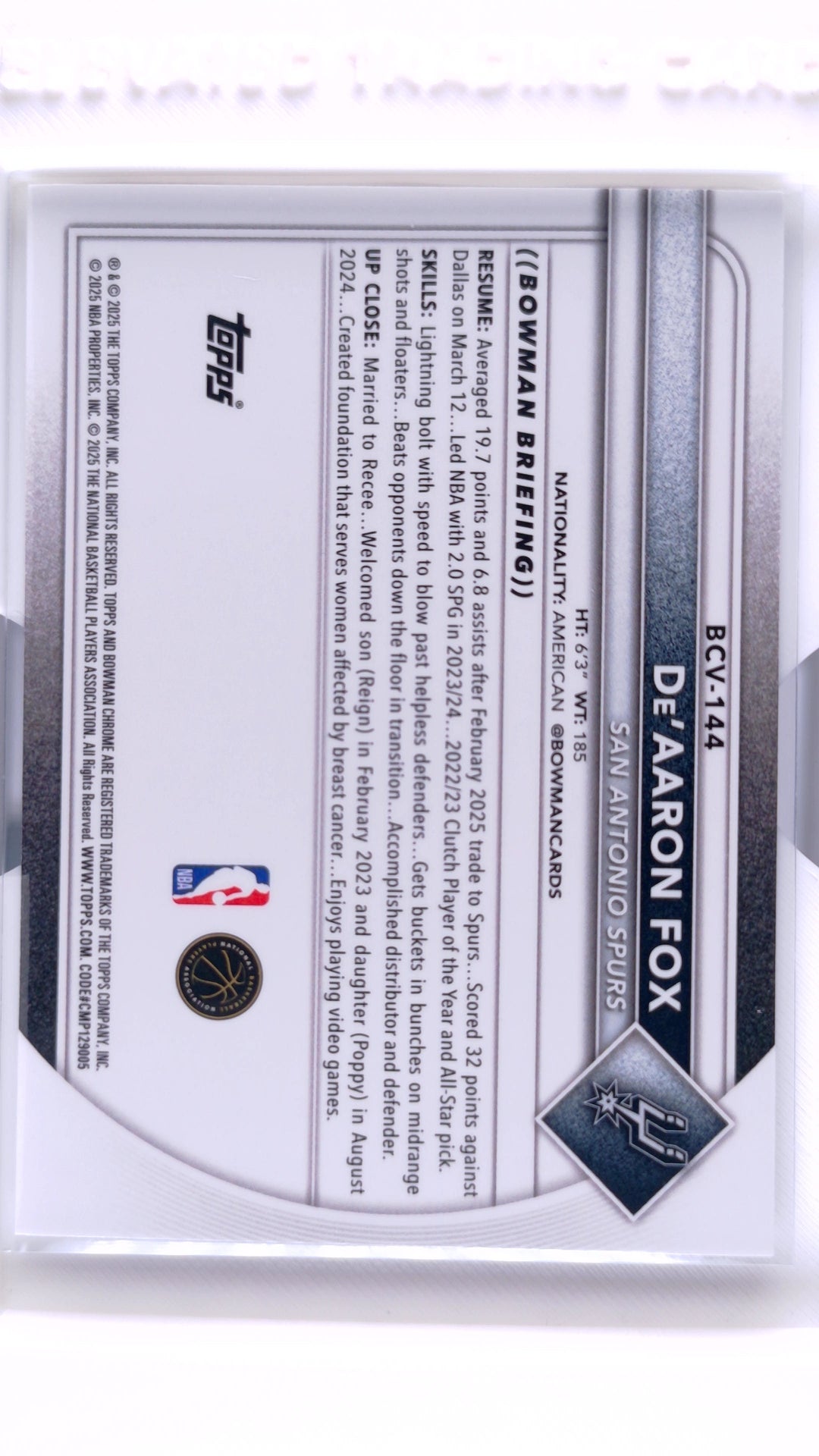 #BCV-144 De'Aaron Fox Chrome - back