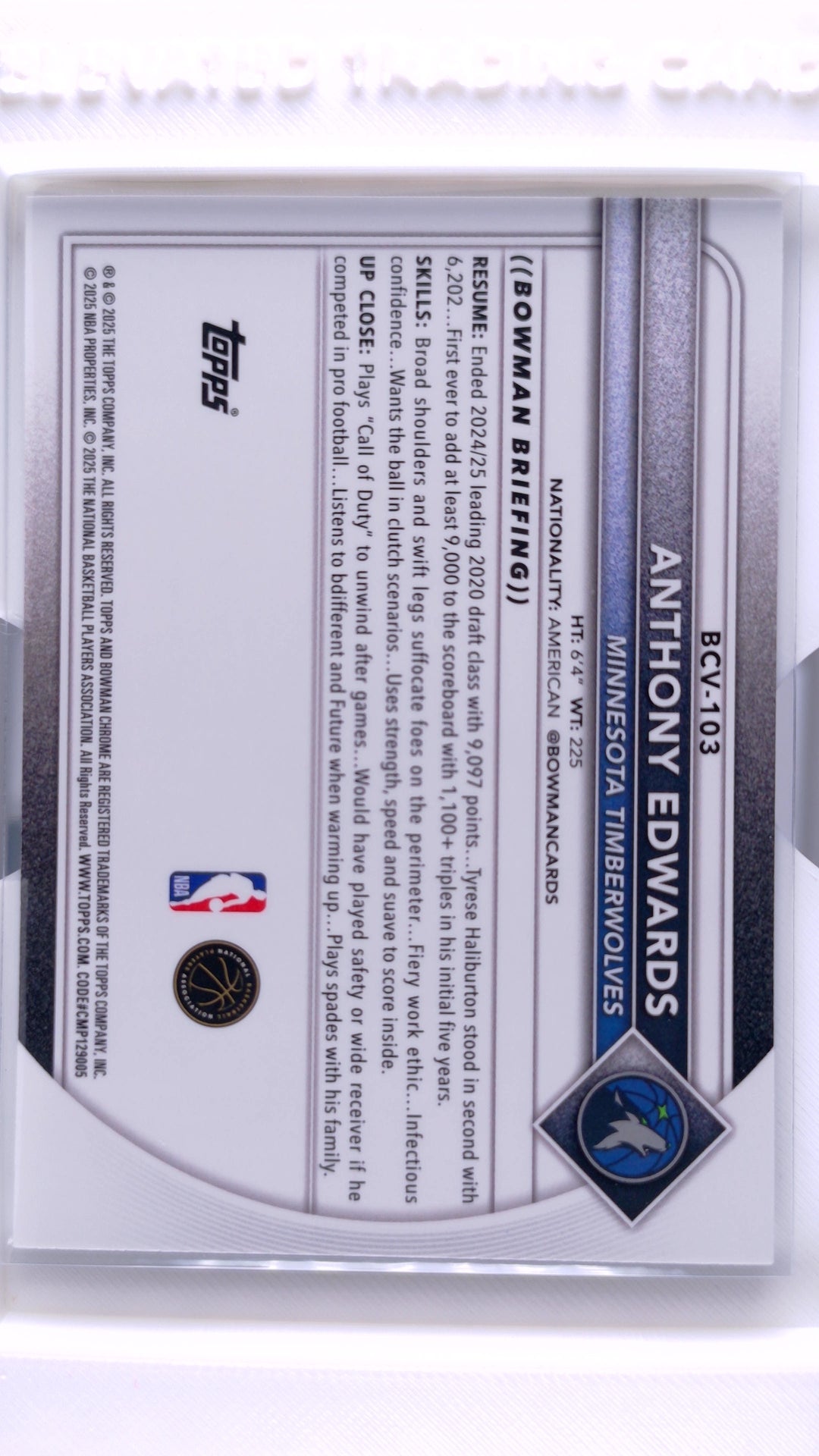 #BCV-103 Anthony Edwards Chrome - back