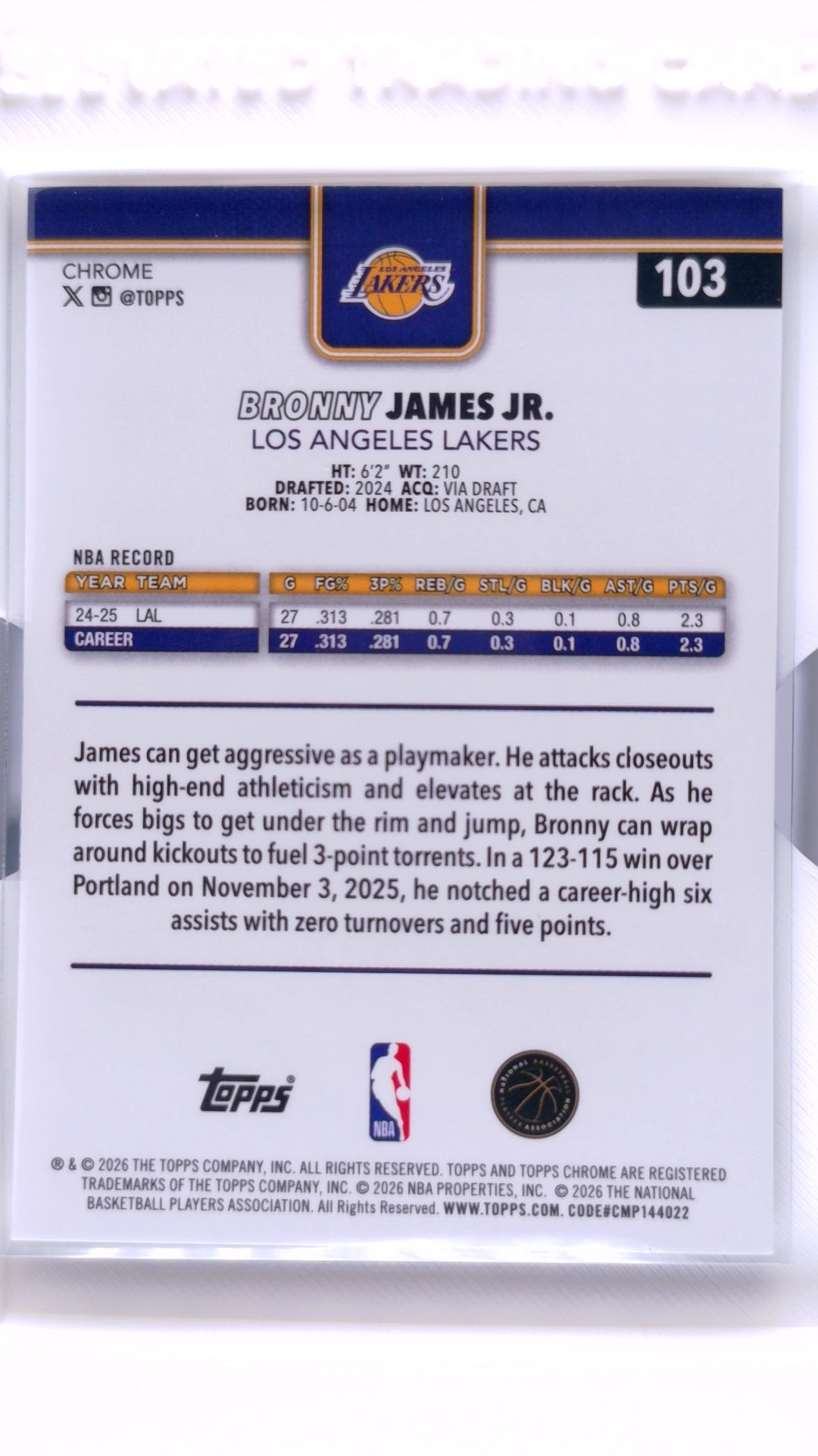 #103 Bronny James Jr. Refractor - back