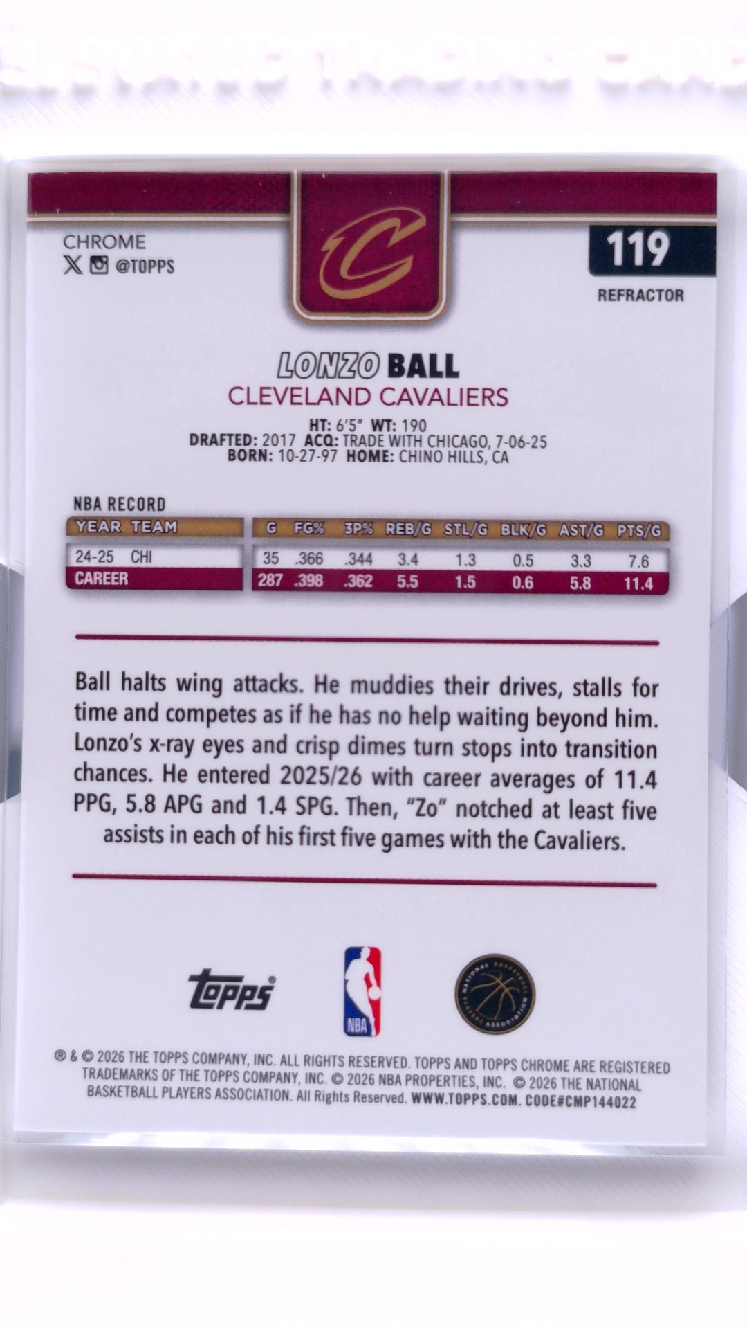 #119 Lonzo Ball Refractor - back