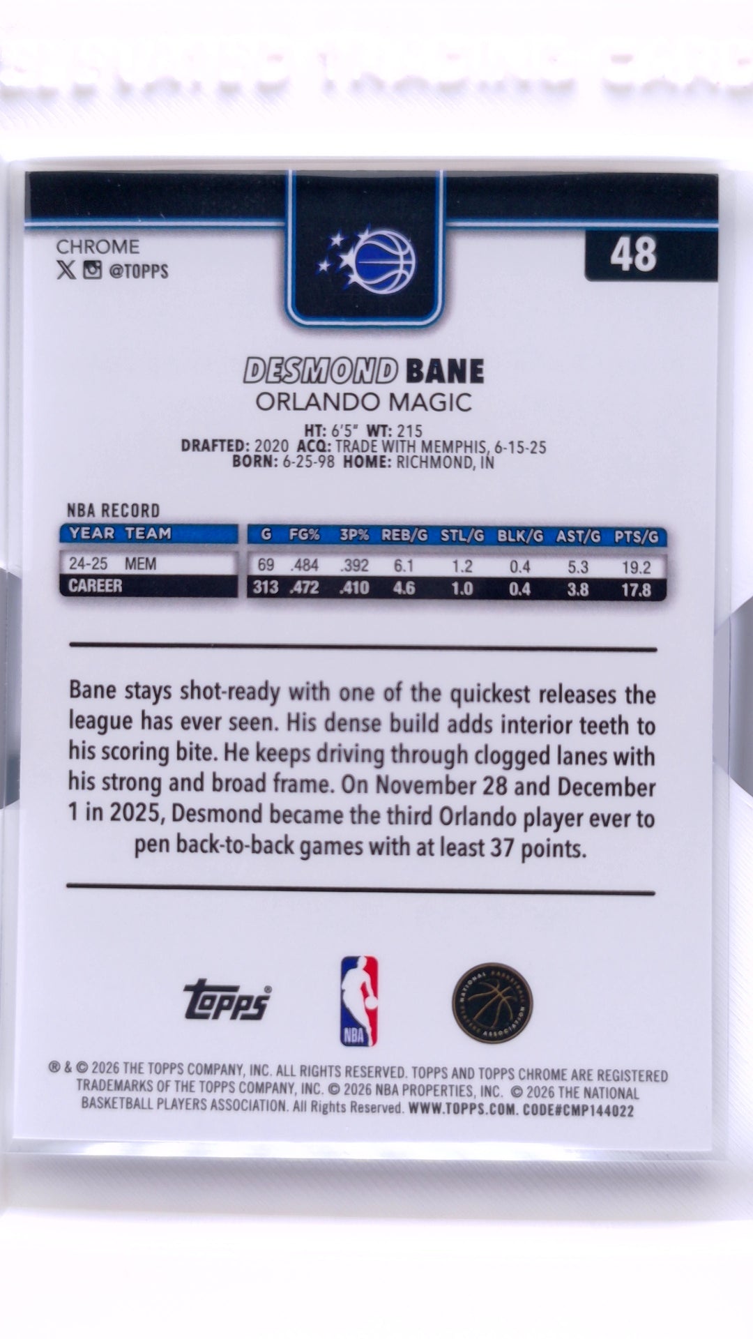 #48 Desmond Bane Refractor - back