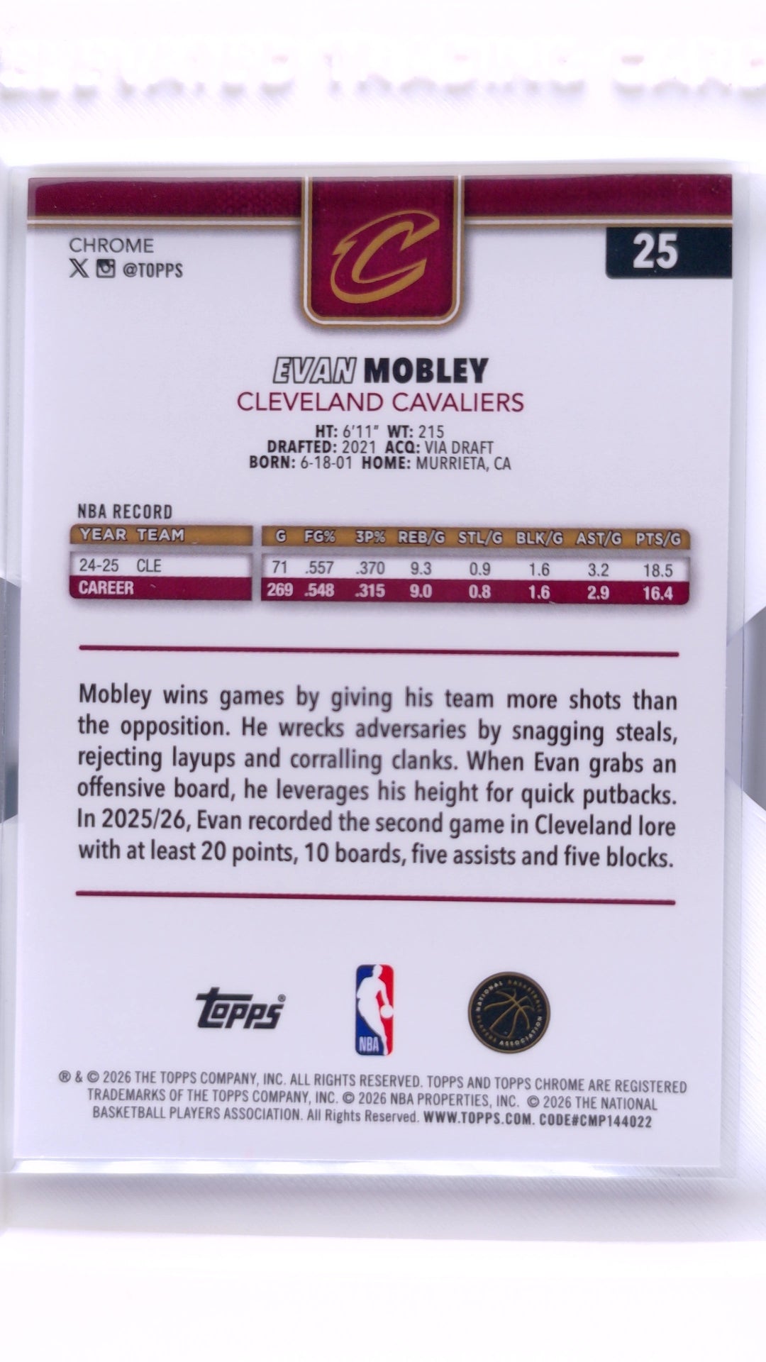 #25 Evan Mobley Refractor - back