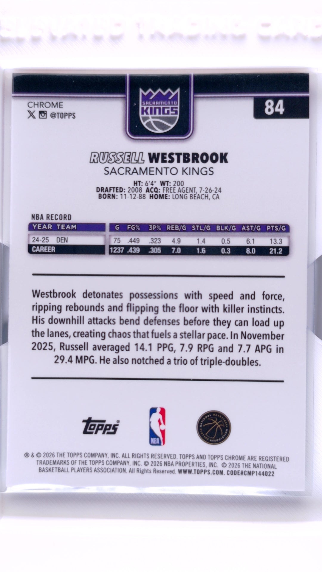 #84 Russell Westbrook Red, White & Blue Refractor - back