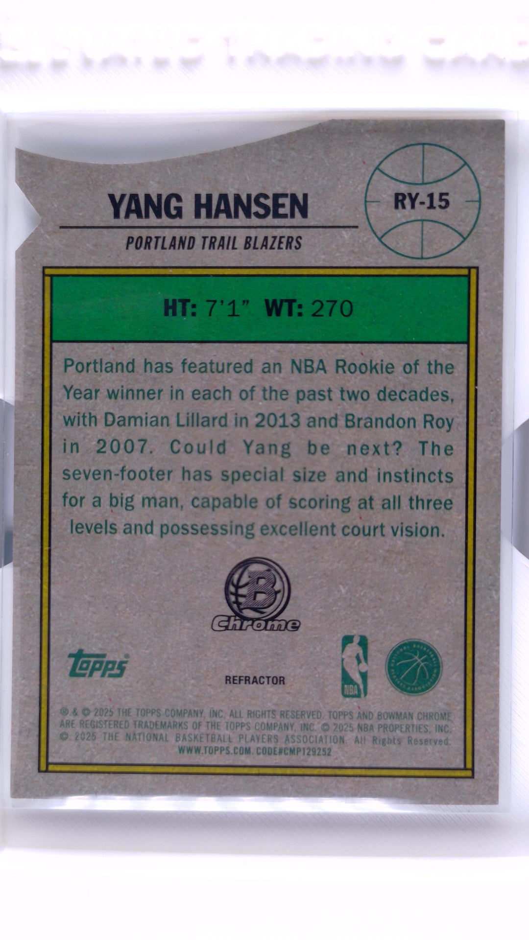 #RY-15 Yang Hansen Rookie ROY Favorites Refractor - back