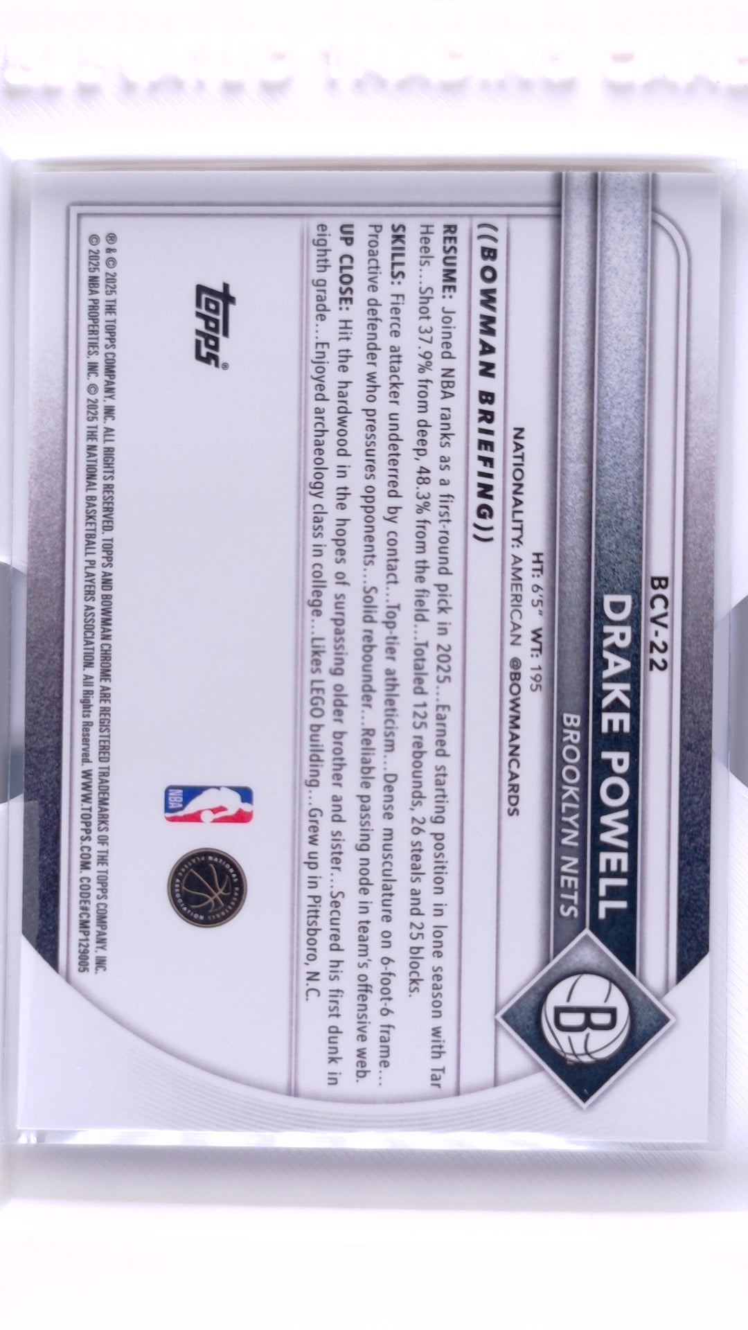 #BCV-22 Drake Powell Rookie Chrome Reptilian Refractor - back