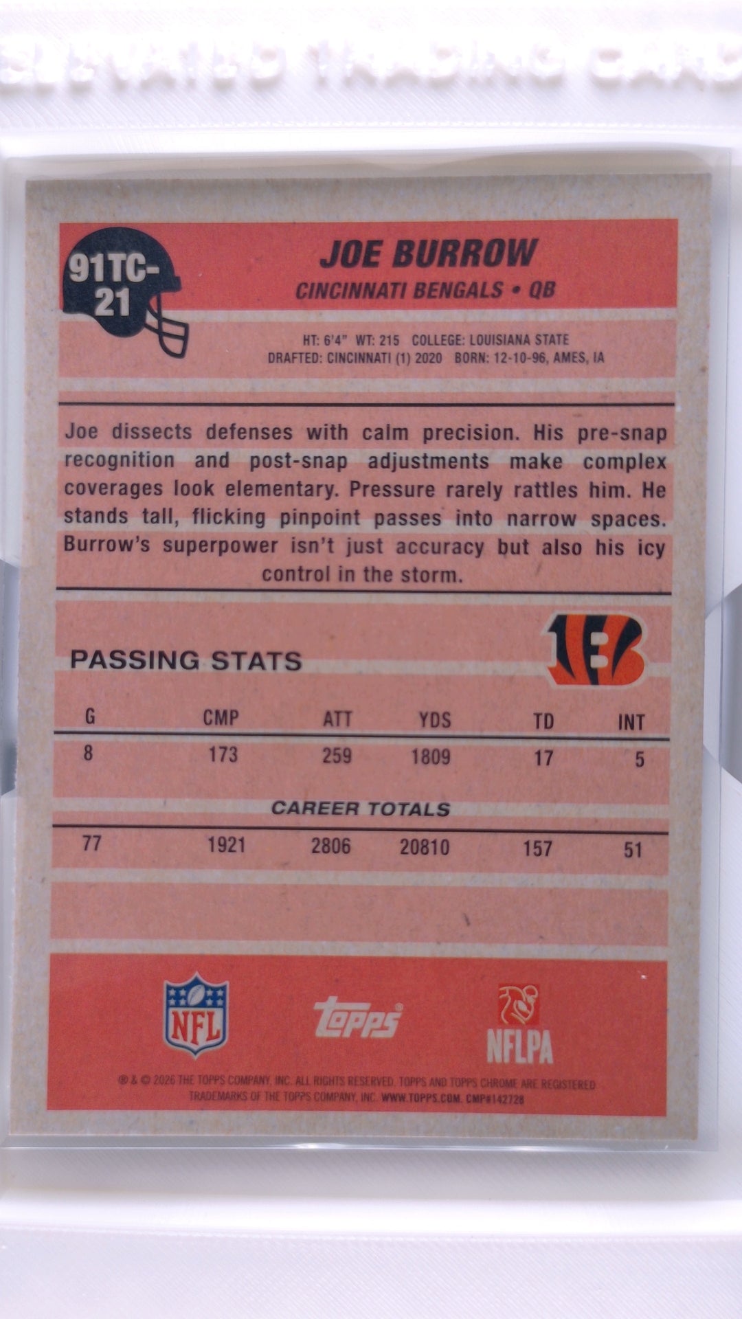 #91TC-21 Joe Burrow 1991 Topps Football Chrome Silver Pack Base - back