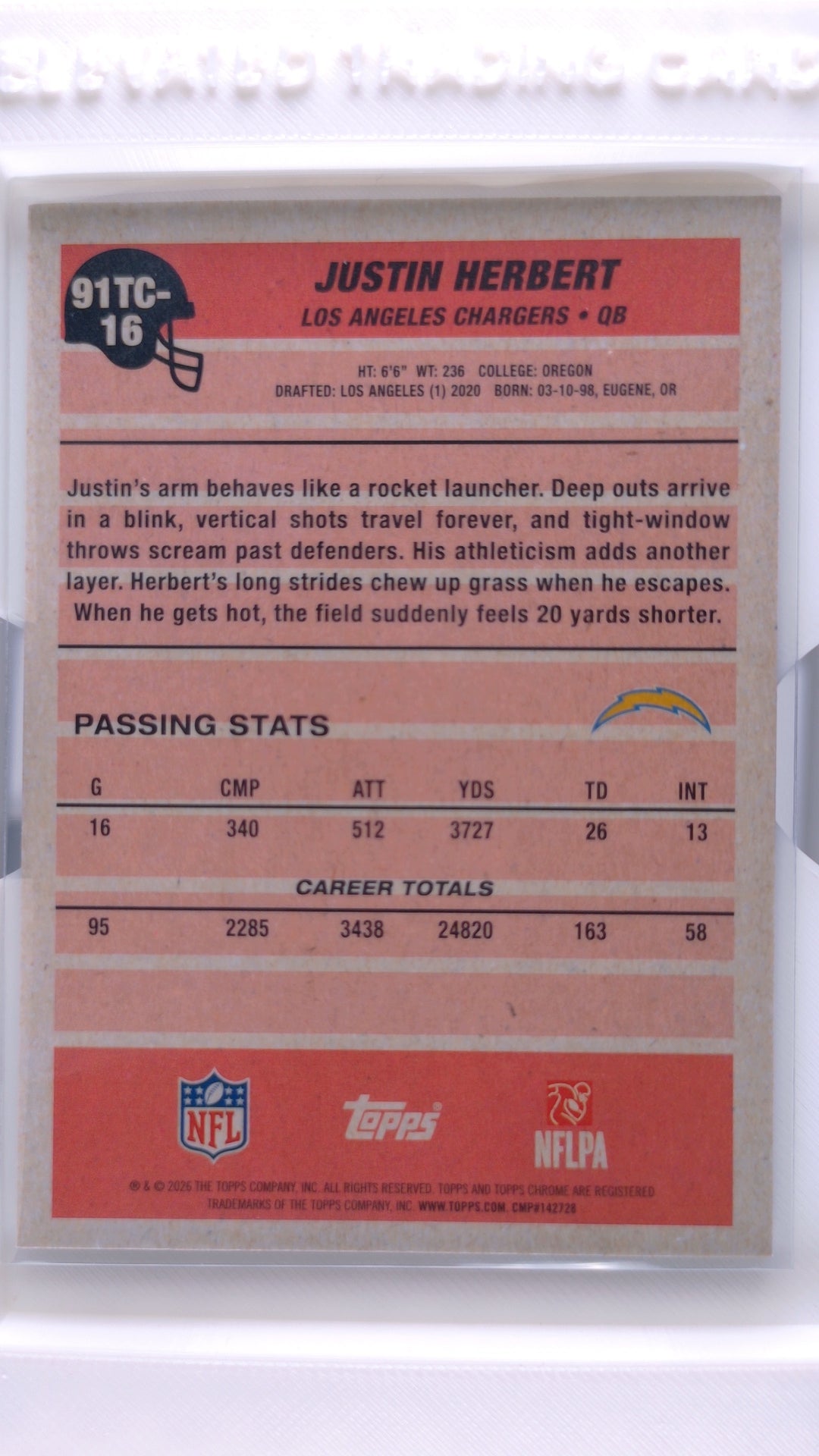 #91TC-16 Justin Herbert 1991 Topps Football Chrome Silver Pack Base - back