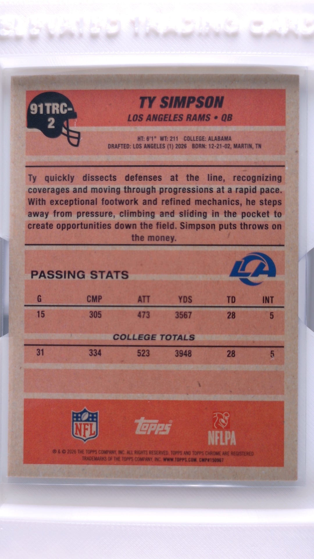 #91TRC-2 Ty Simpson Rookie 1991 Topps Rookies Football Chrome Silver Pack Base - back