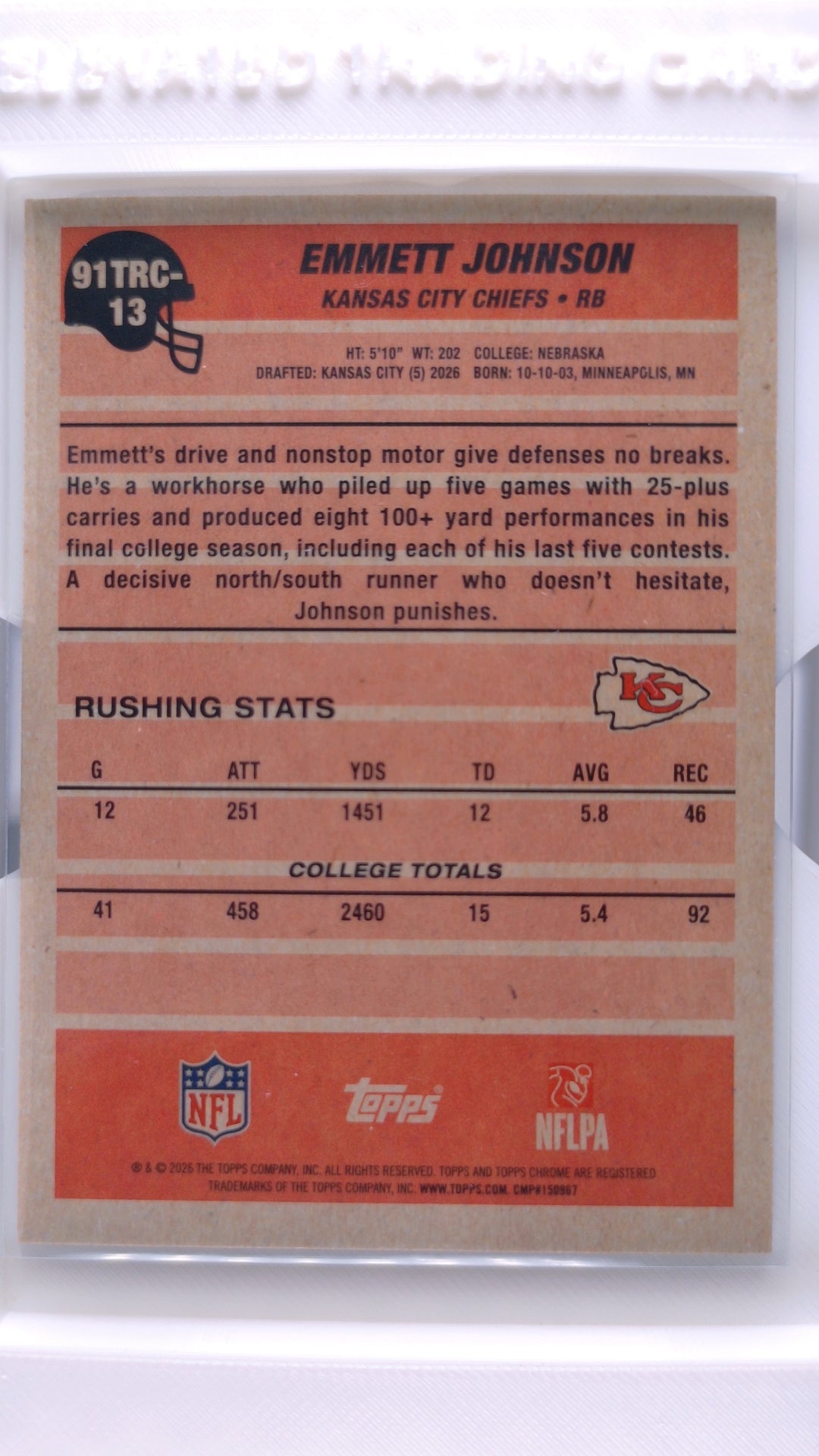 #91TRC-13 Emmett Johnson Rookie 1991 Topps Rookies Football Chrome Silver Pack Base - back