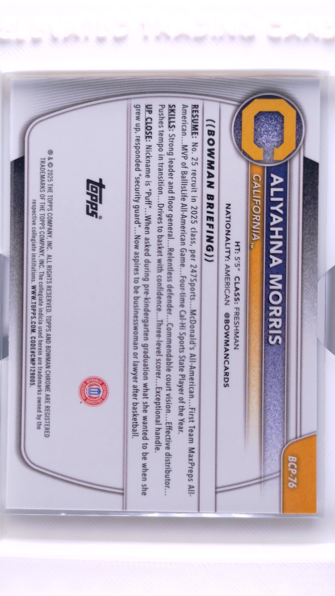 #BCP-76 Aliyahna Morris Chrome Prospects - back