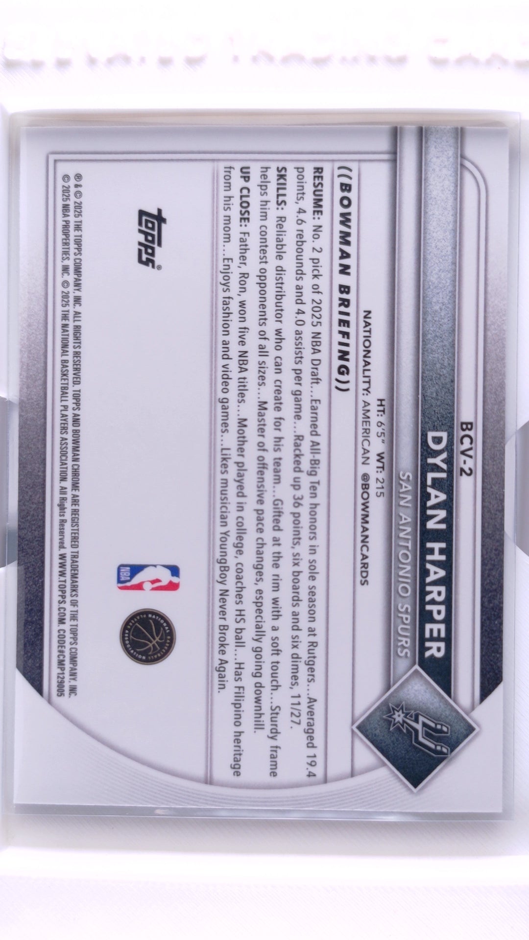 #BCV-2 Dylan Harper Rookie Chrome Reptilian Refractor - back