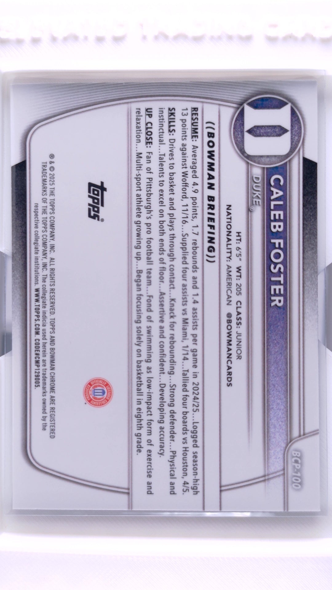 #BCP-100 Caleb Foster Chrome Prospects - back