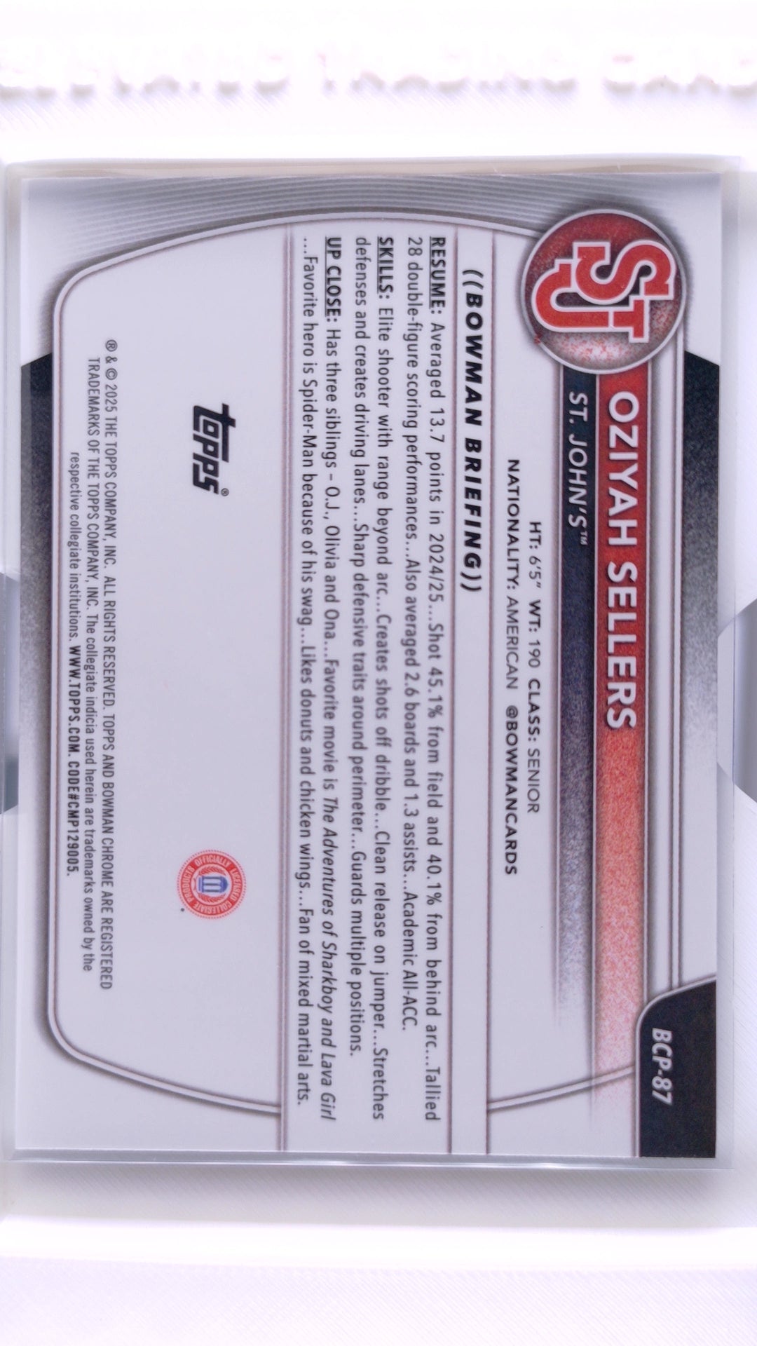 #BCP-87 Oziyah Sellers Chrome Prospects - back