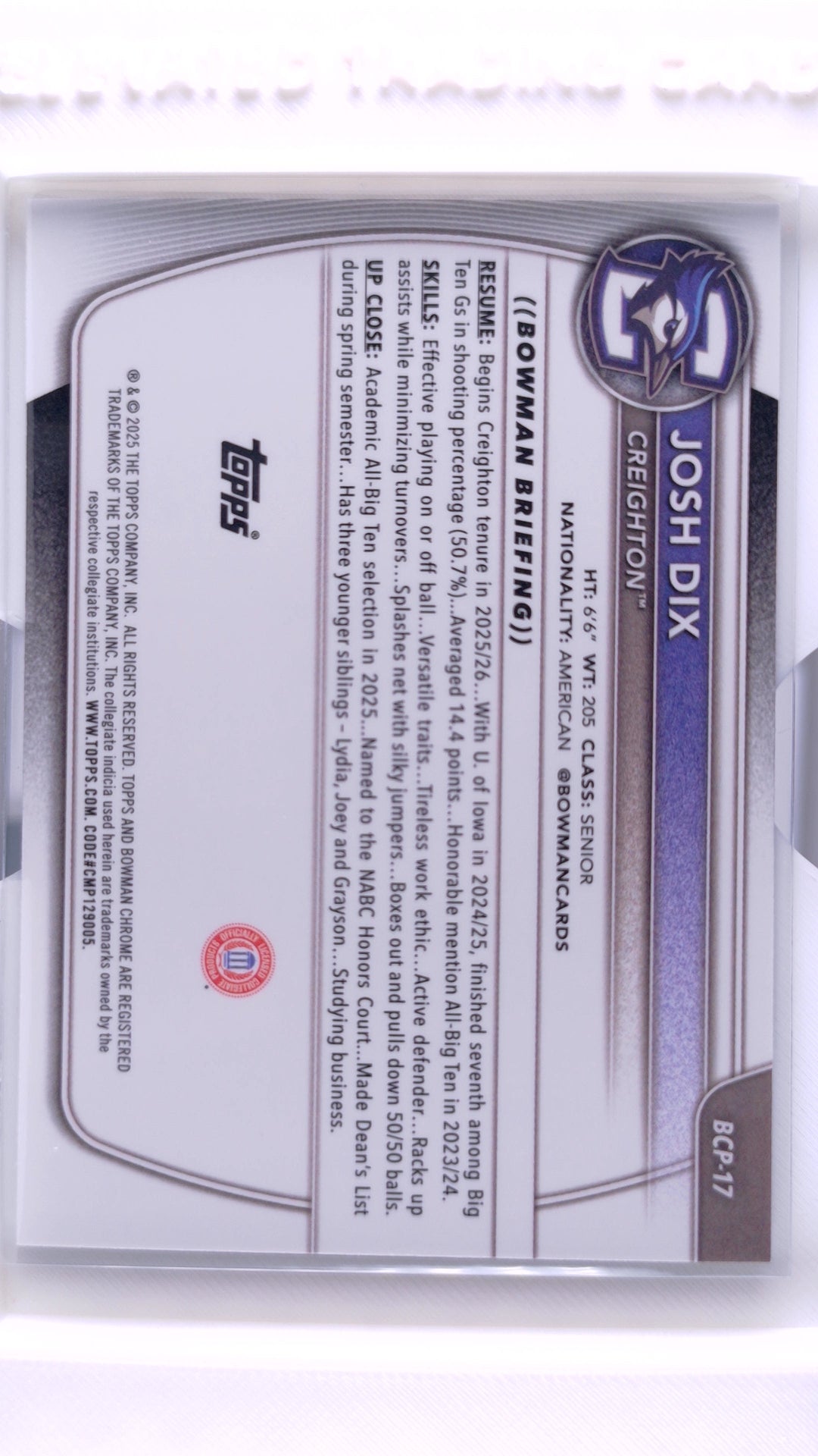 #BCP-17 Josh Dix Chrome Prospects - back