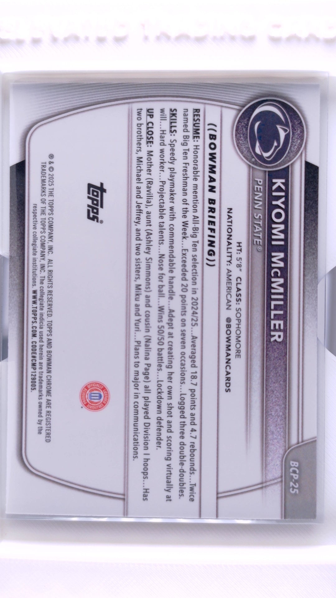 #BCP-25 Kiyomi McMILLER Chrome Prospects - back
