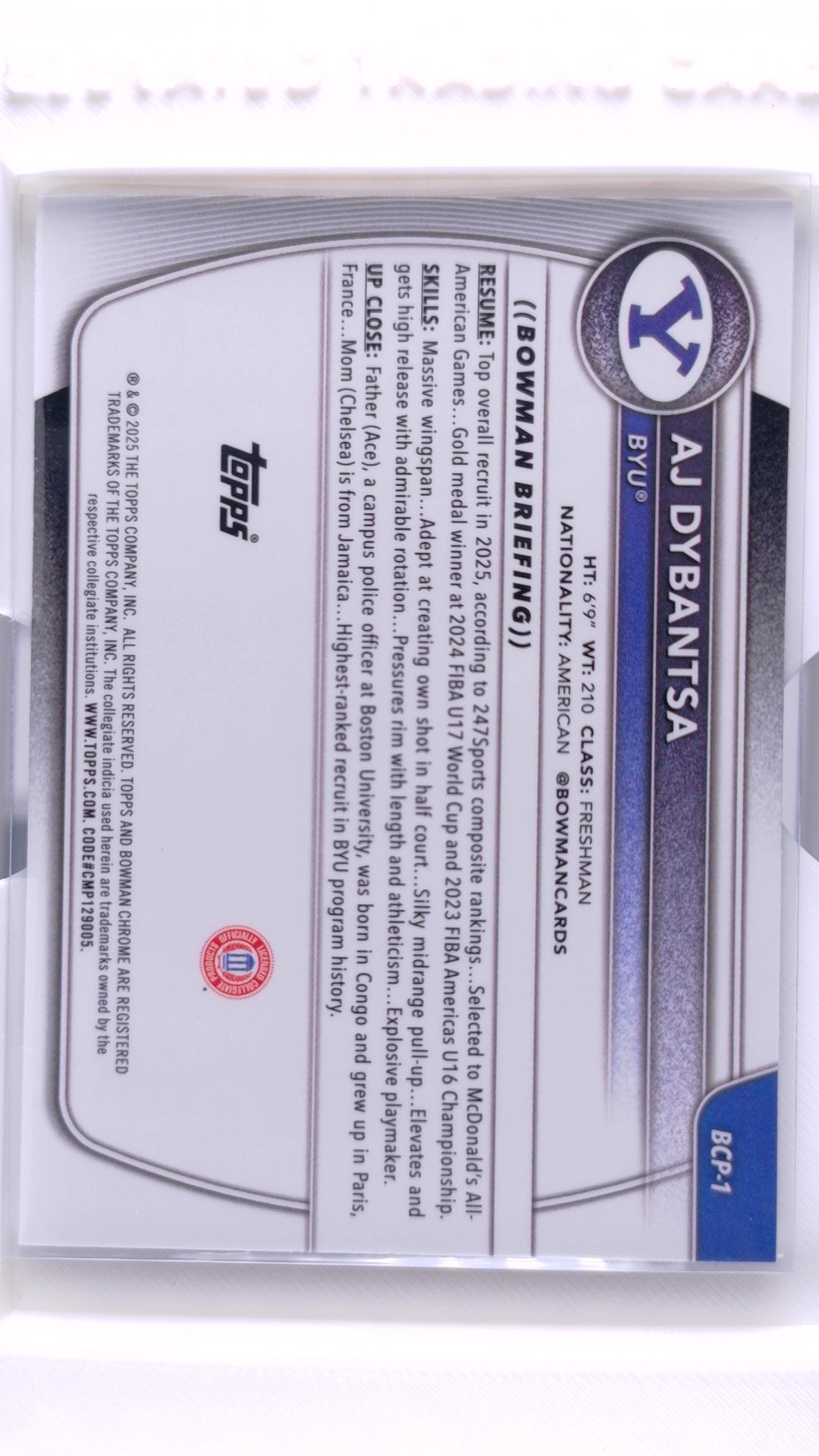 #BCP-1 AJ Dybantsa Chrome Prospects - back