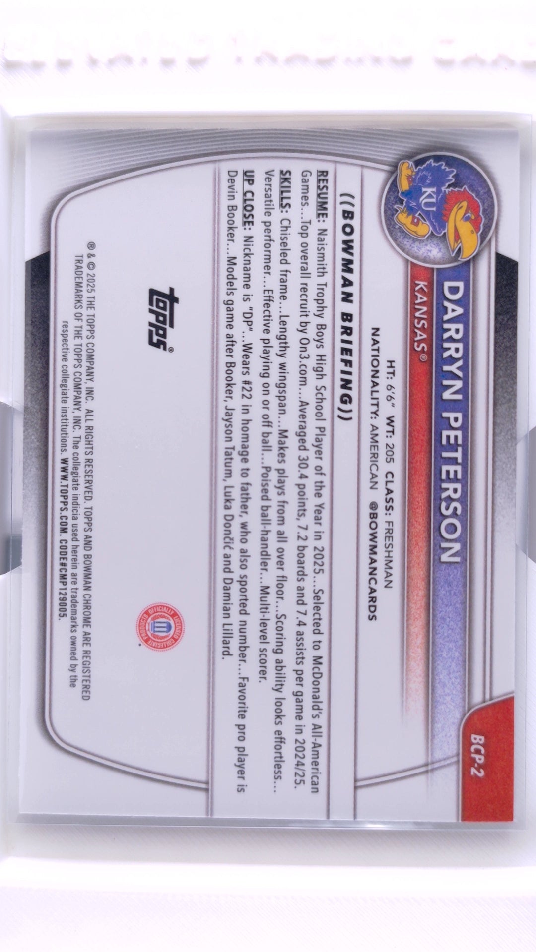 #BCP-2 Darryn Peterson Chrome Prospects - back