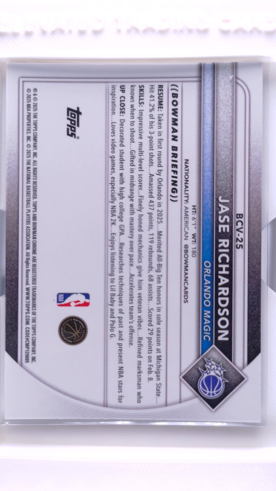 #BCV-25 Jase Richardson Rookie Chrome - back