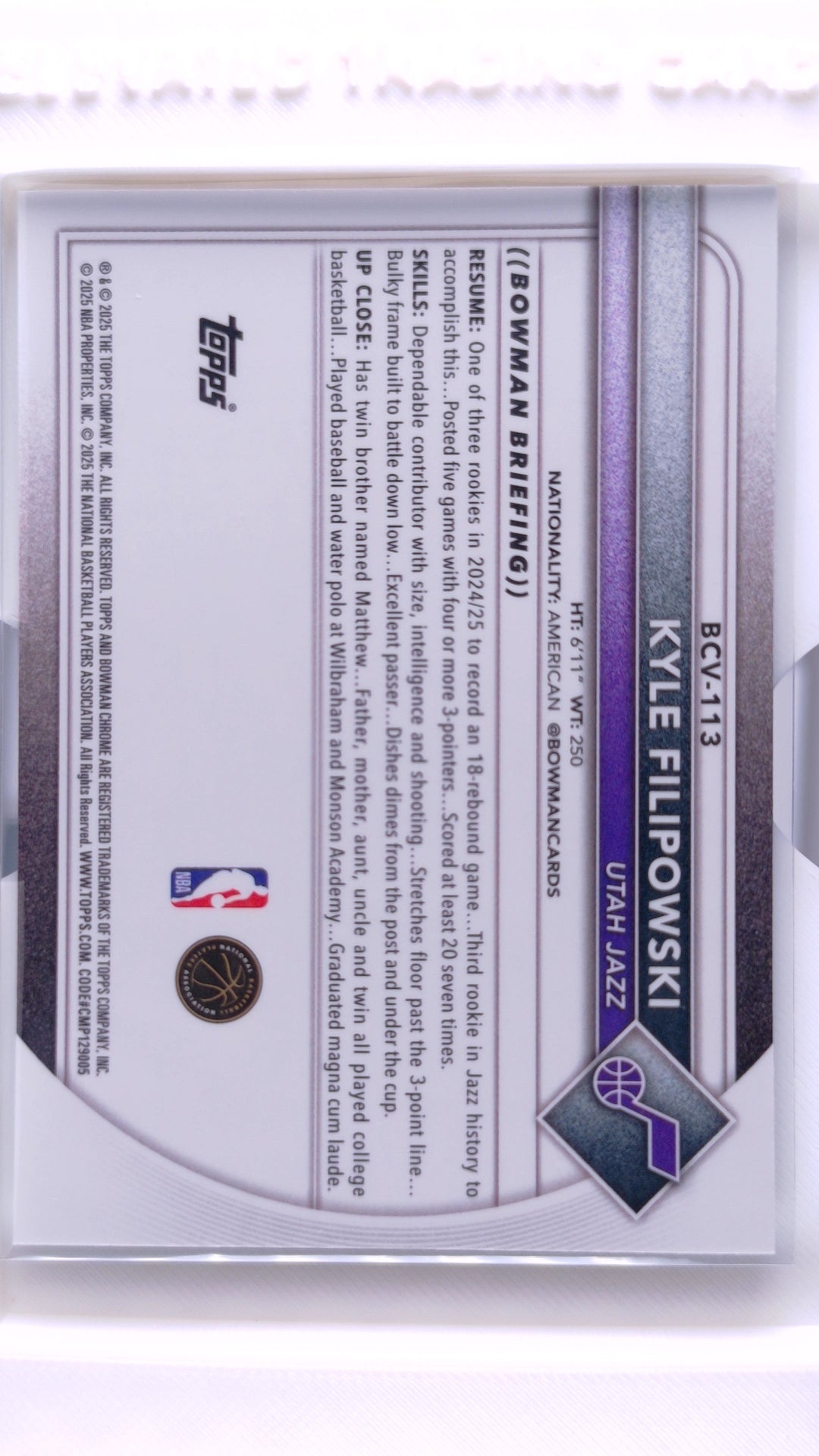 #BCV-113 Kyle Filipowski Chrome - back