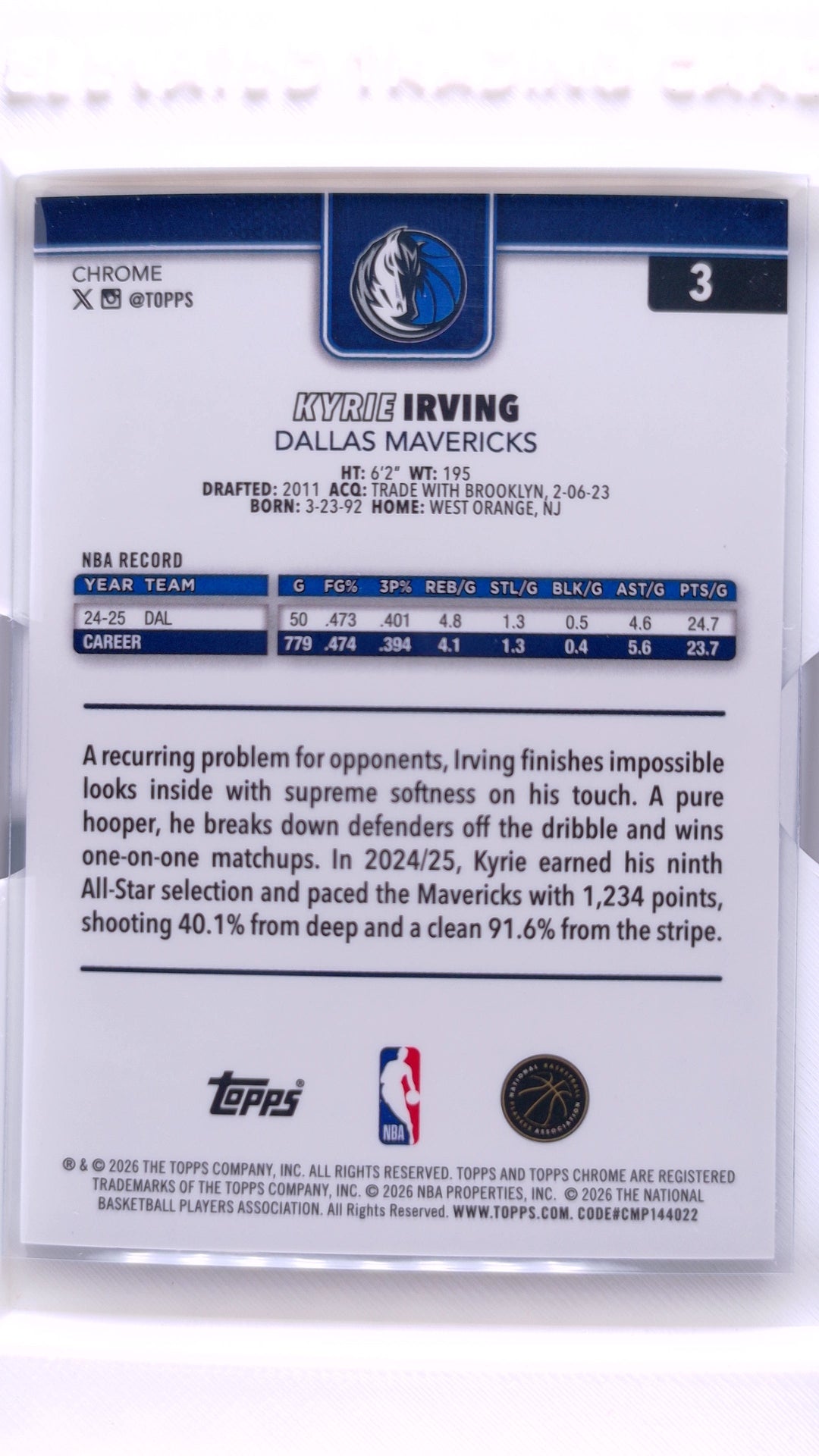 #3 Kyrie Irving Blue Basketball Refractor #48/150 - back
