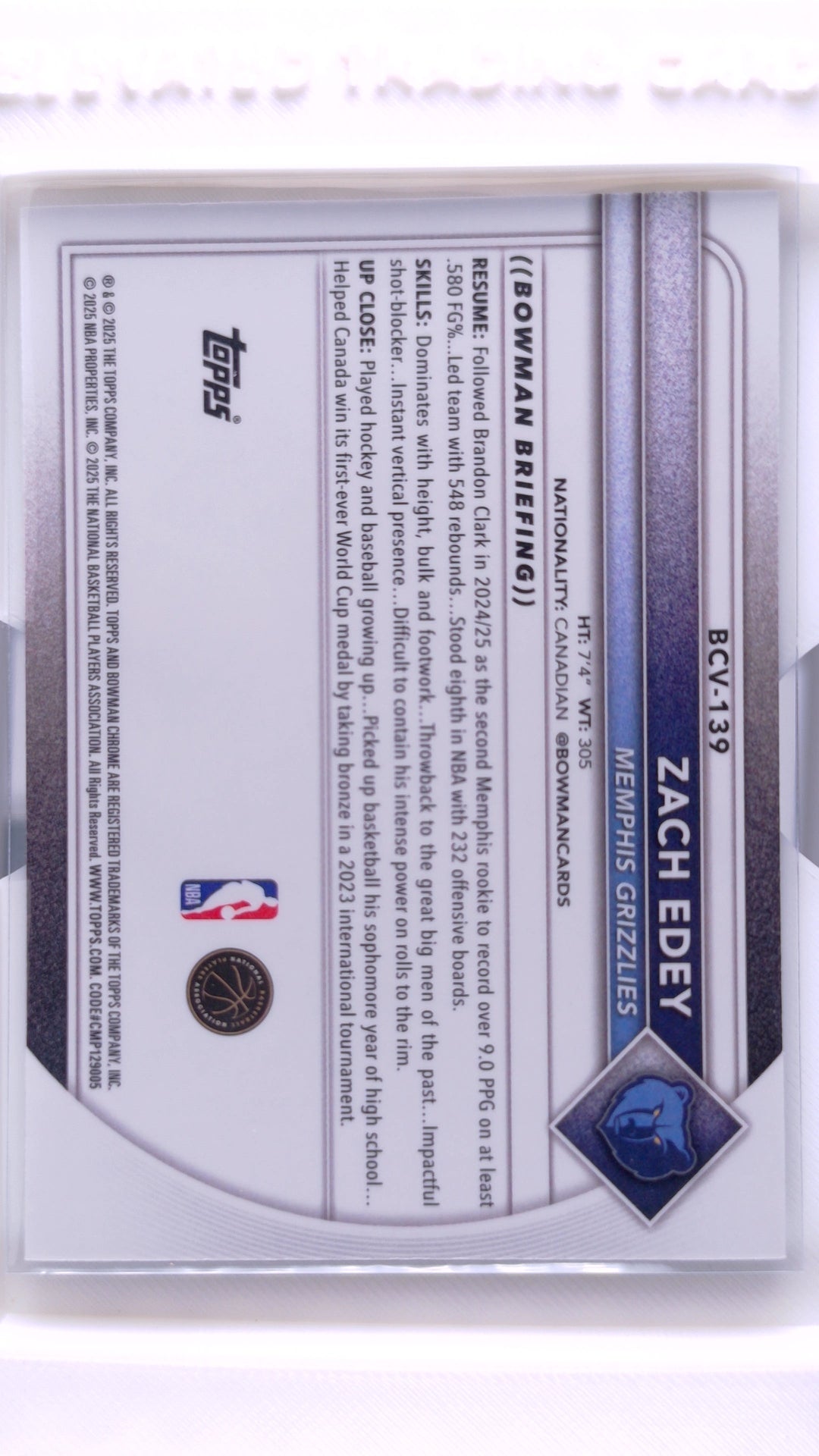 #BCV-139 Zach Edey Chrome - back
