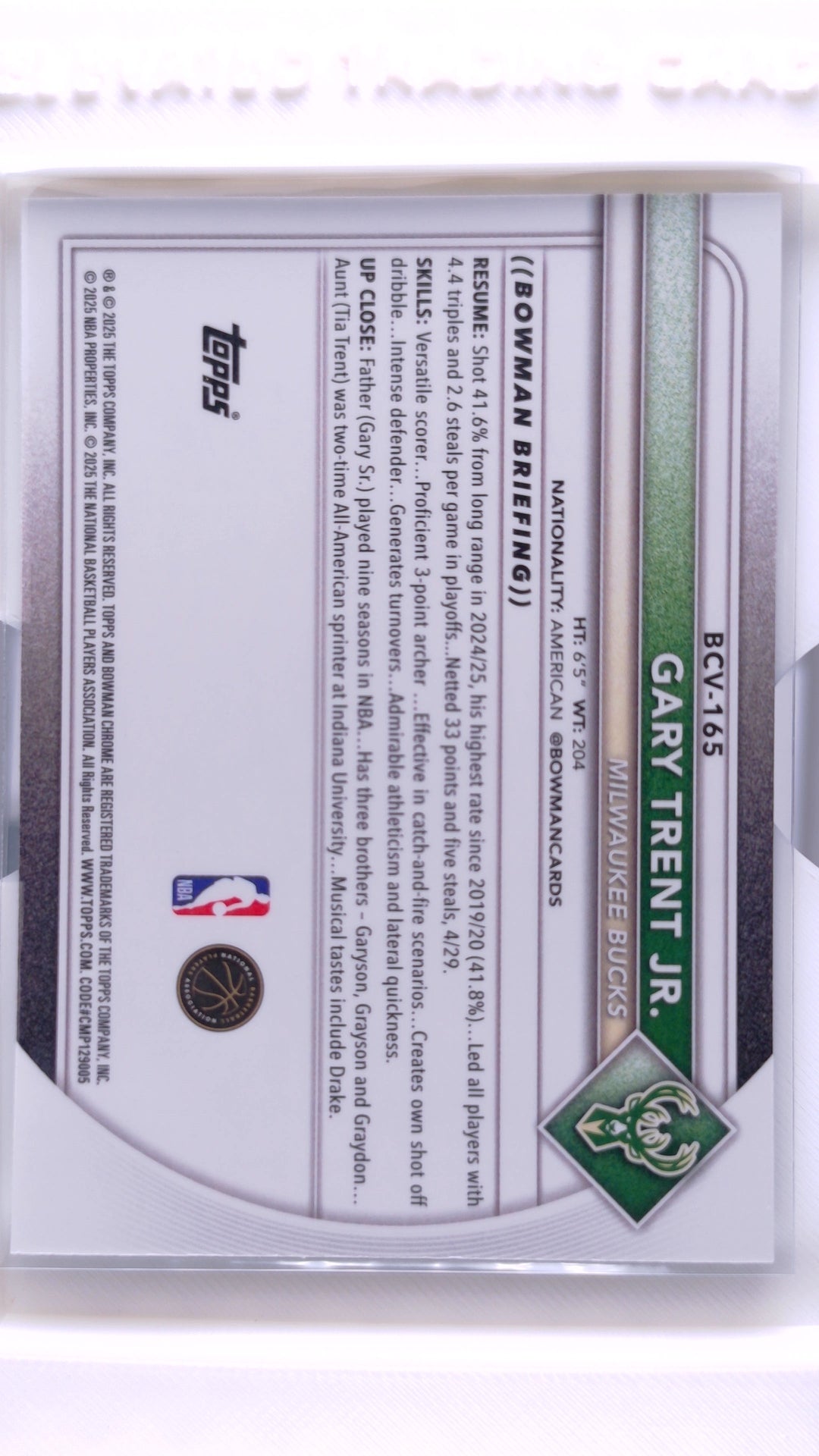 #BCV-165 Gary Trent Jr. Chrome - back