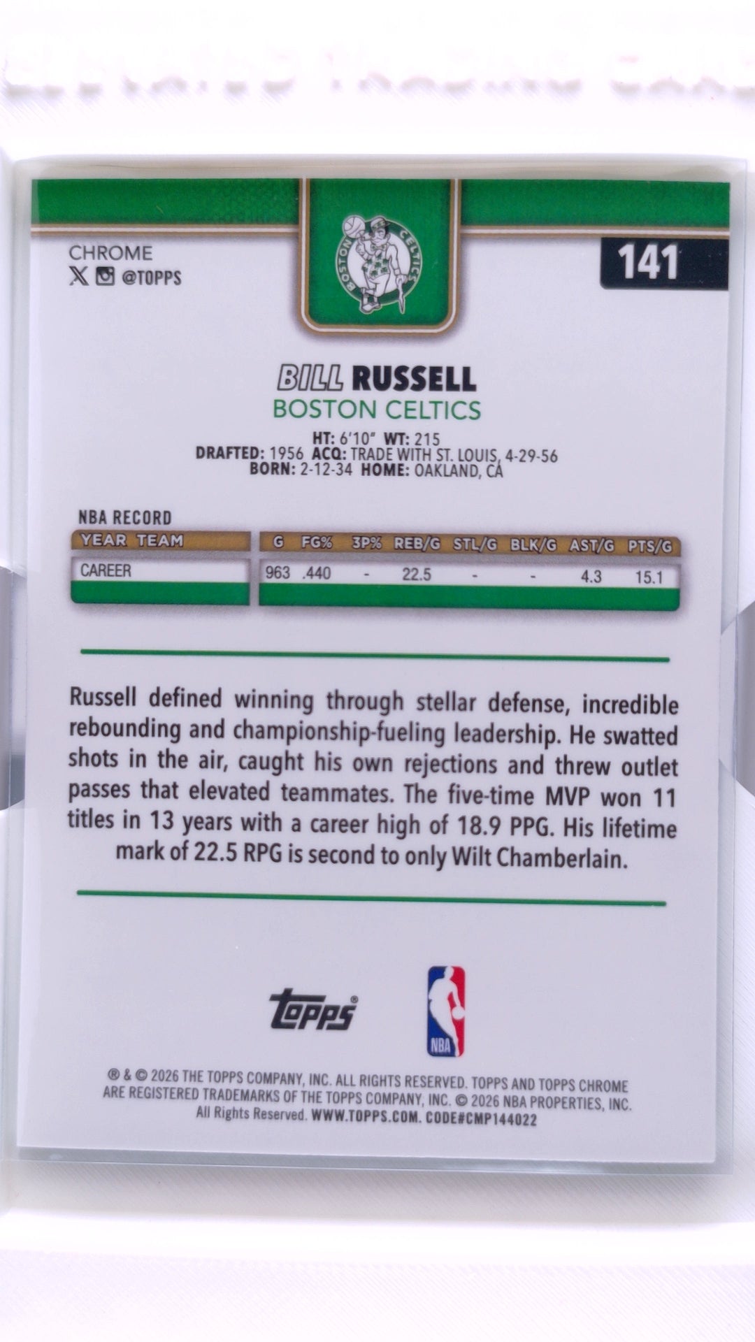 #141 Bill Russell Green Refractor #61/99 - back
