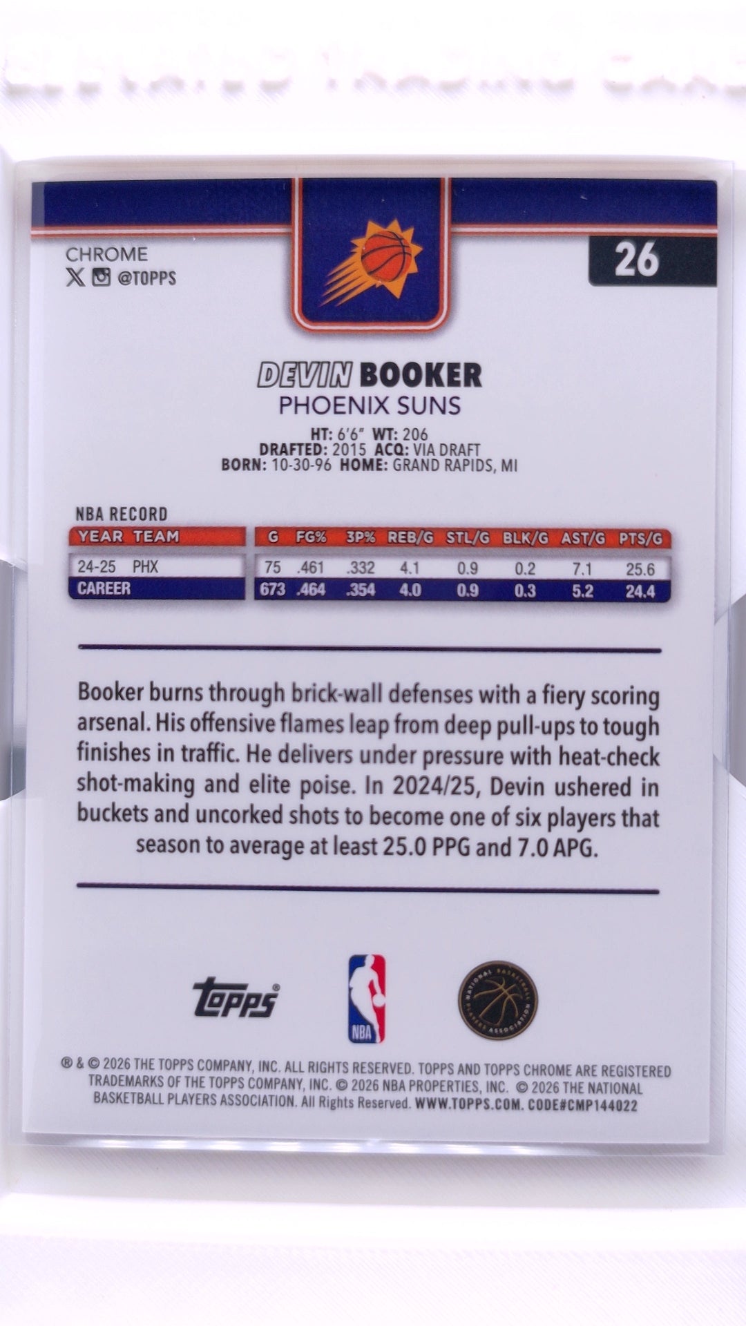 #26 Devin Booker Magenta Refractor #163/399 - back