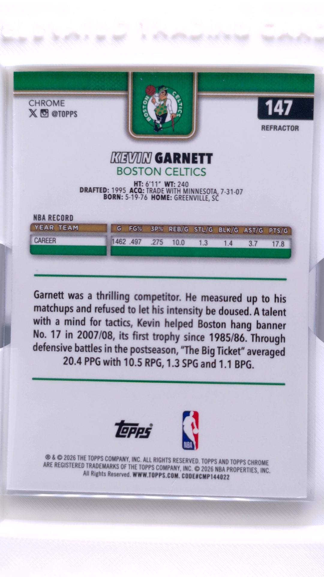 #147 Kevin Garnett Refractor - back