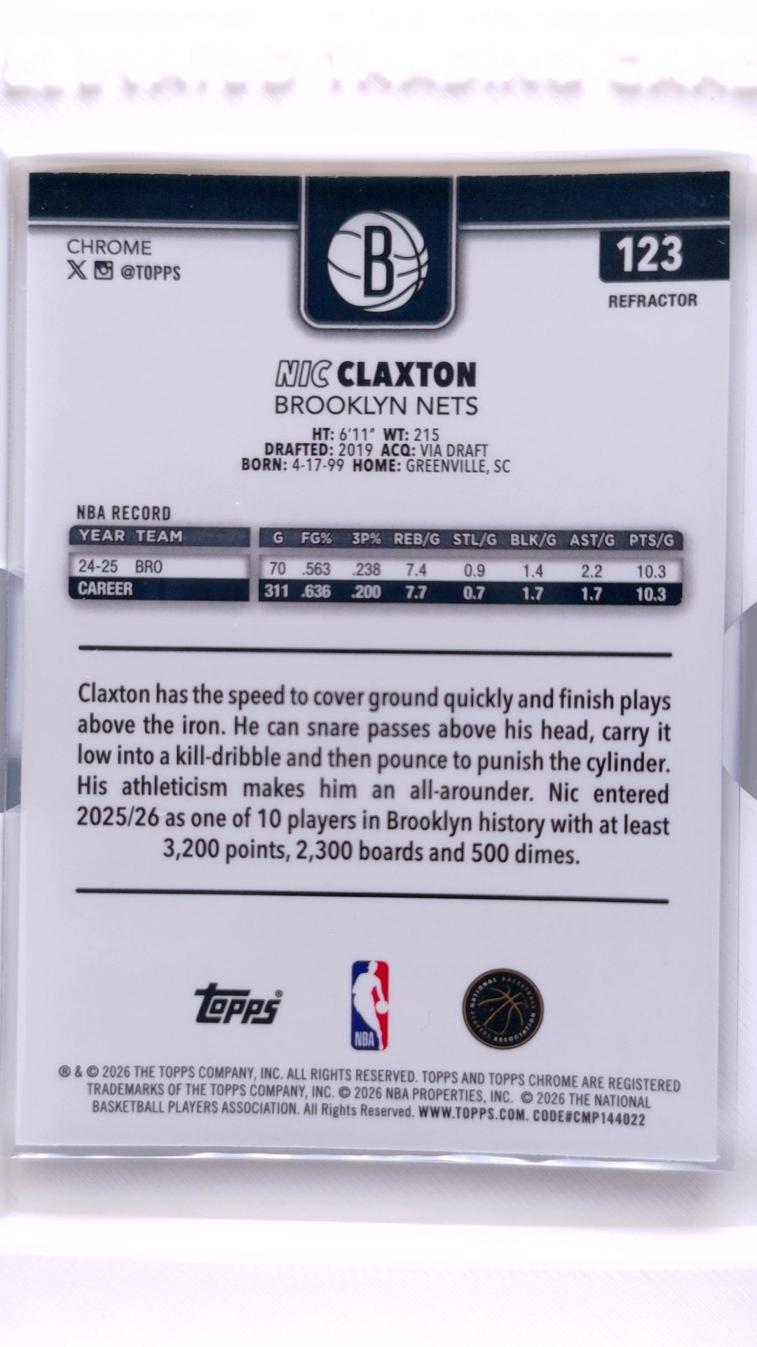 #123 Nic Claxton Refractor - back