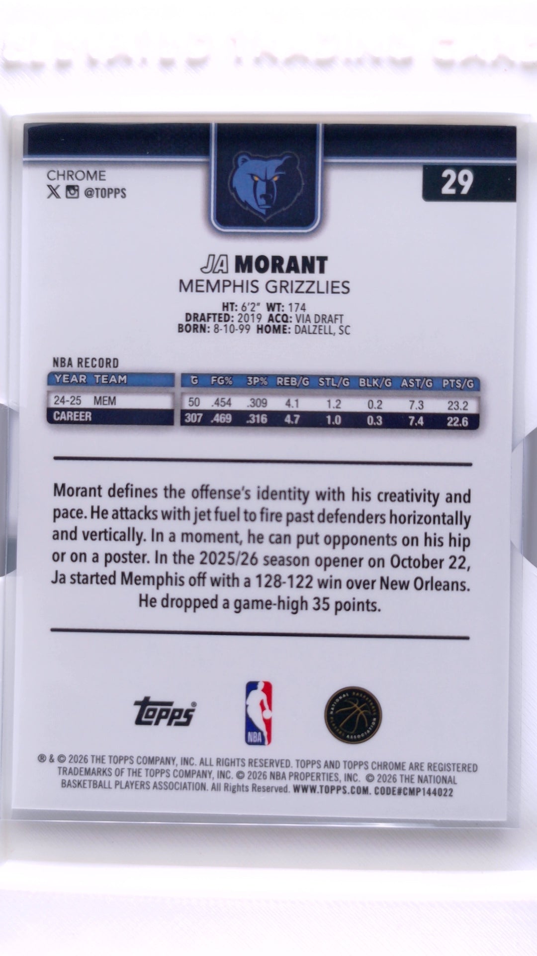 #29 Ja Morant Refractor - back