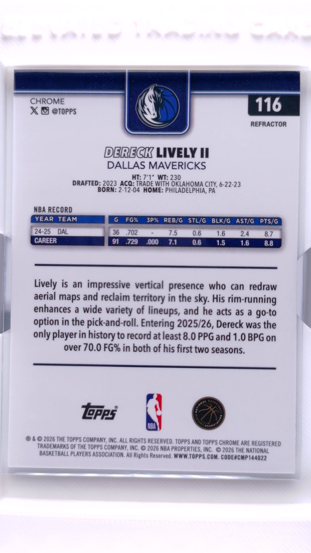 #116 Dereck Lively II Refractor - back