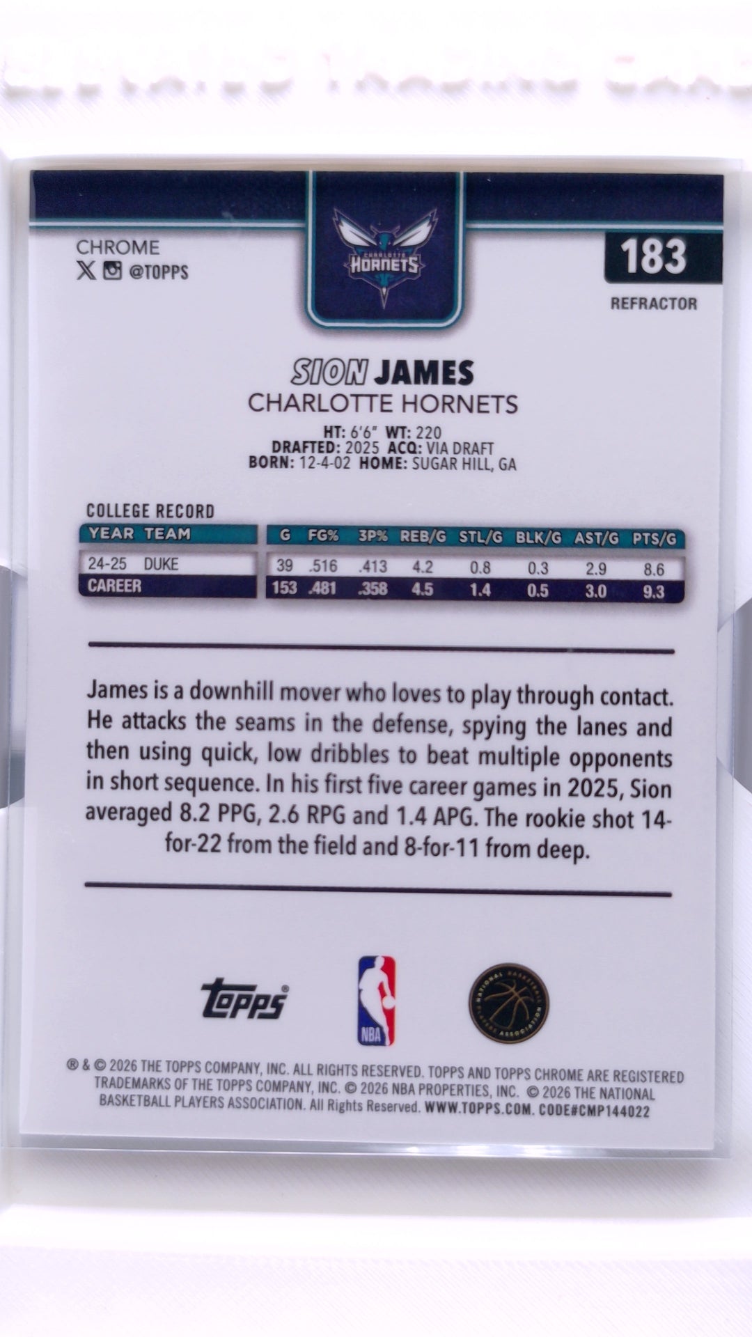 #183 Sion James Rookie Refractor - back