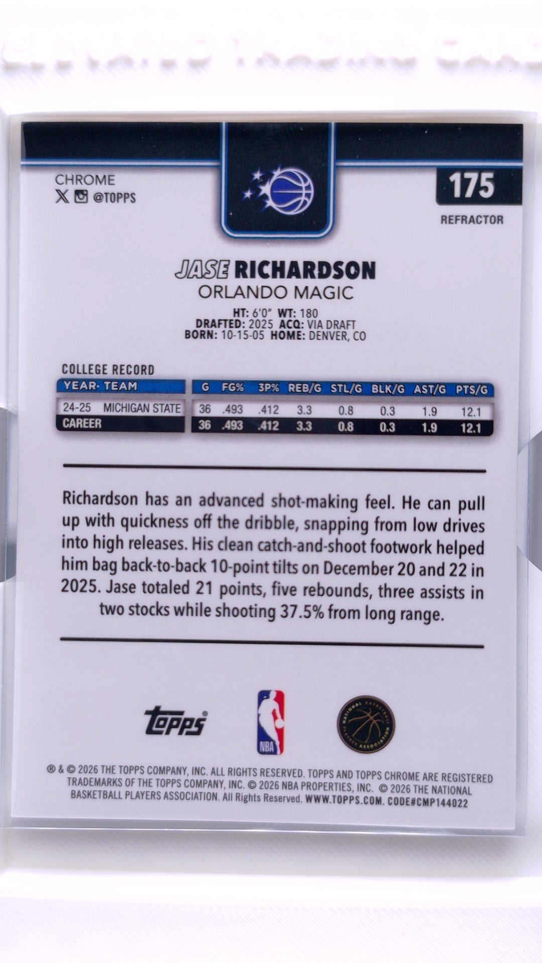 #175 Jase Richardson Rookie Refractor - back