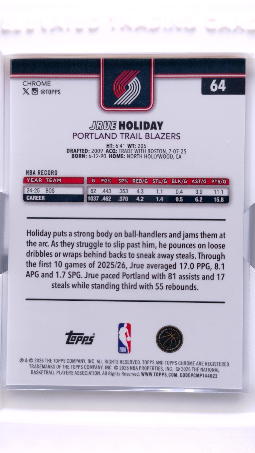 #64 Jrue Holiday Red, White & Blue Refractor - back