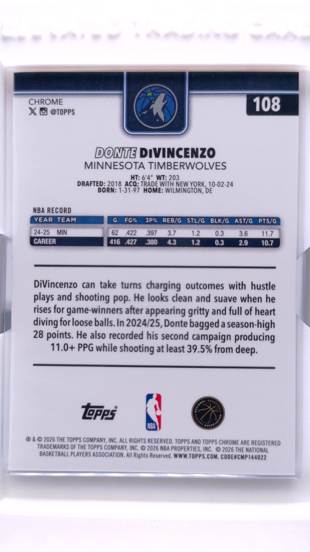 #108 Donte DiVincenzo Red, White & Blue Refractor - back