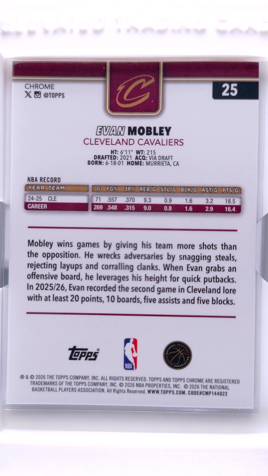#25 Evan Mobley Red, White & Blue Refractor - back